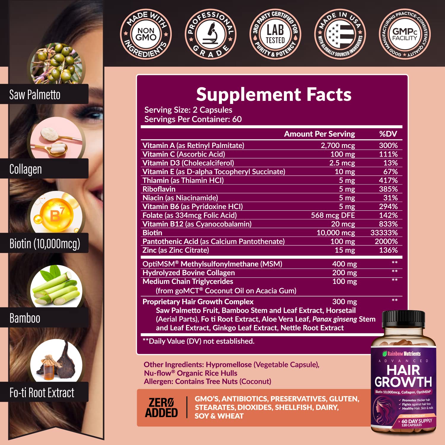 Hair Growth Vitamins Biotin 10000mcg Collagen MSM 60 Day Supply