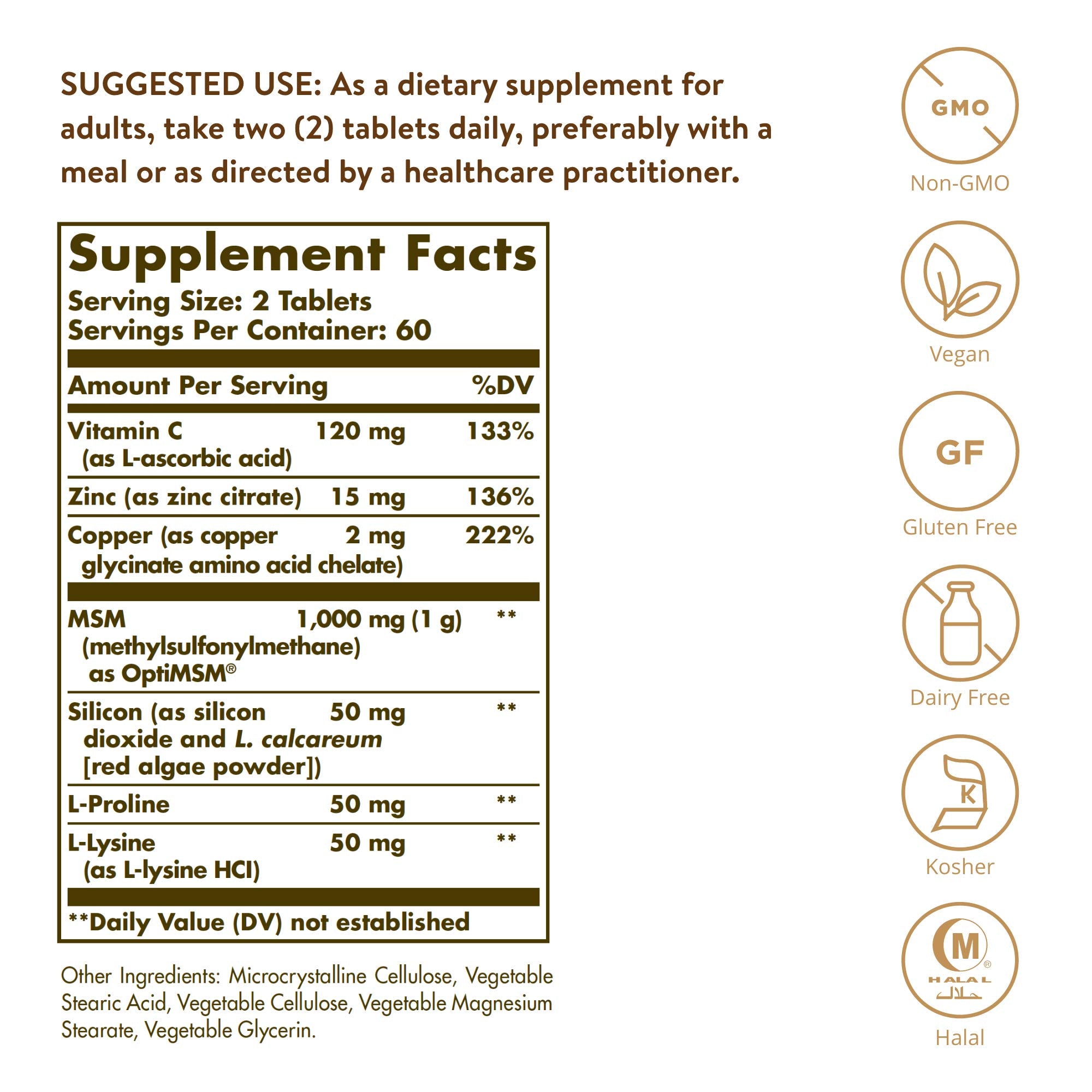 Hair Skin Nails Vitamins MSM Collagen Support 120 Tablets