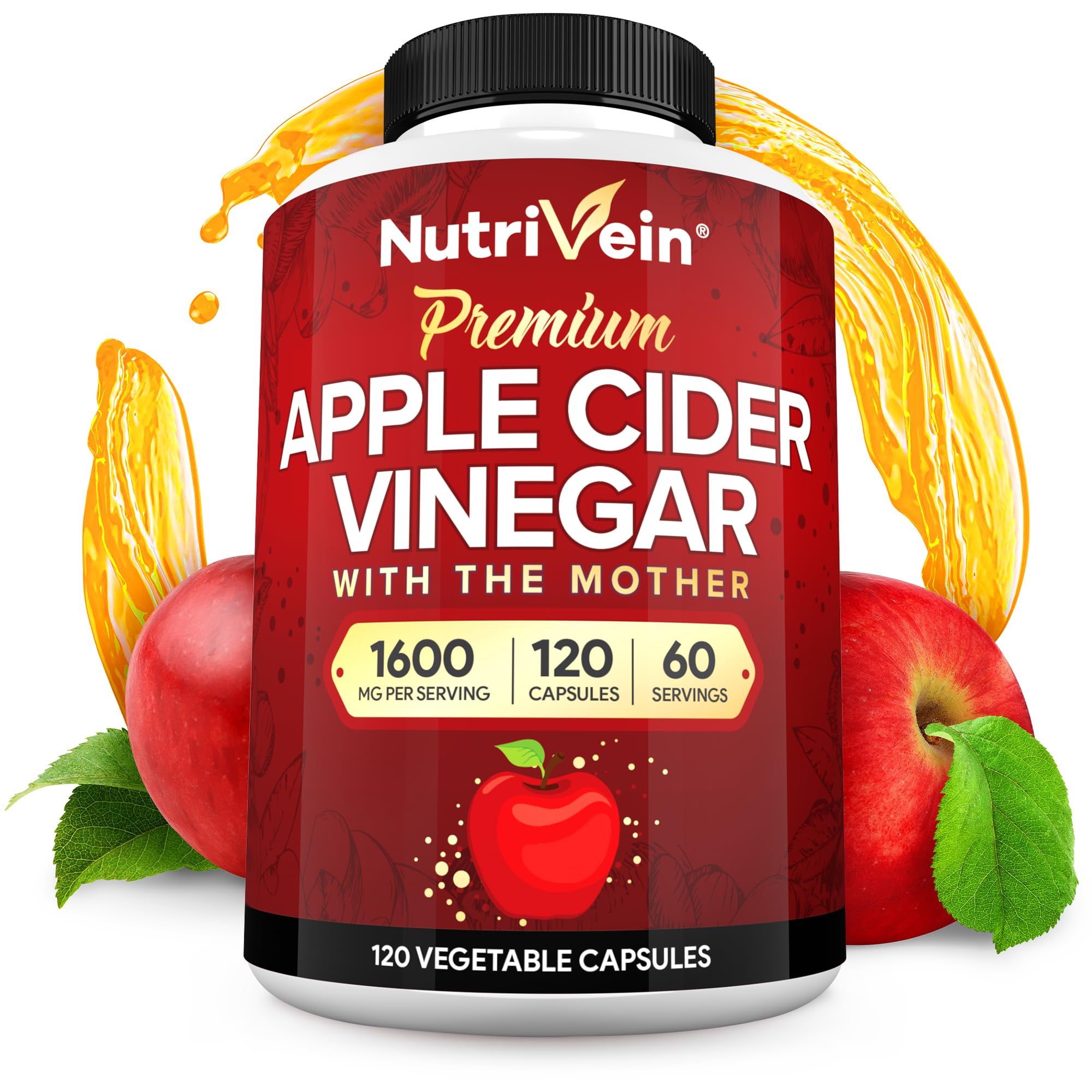 Apple Cider Vinegar Capsules 1600mg for Digestion, Detox & Metabolism Support 120 Ct
