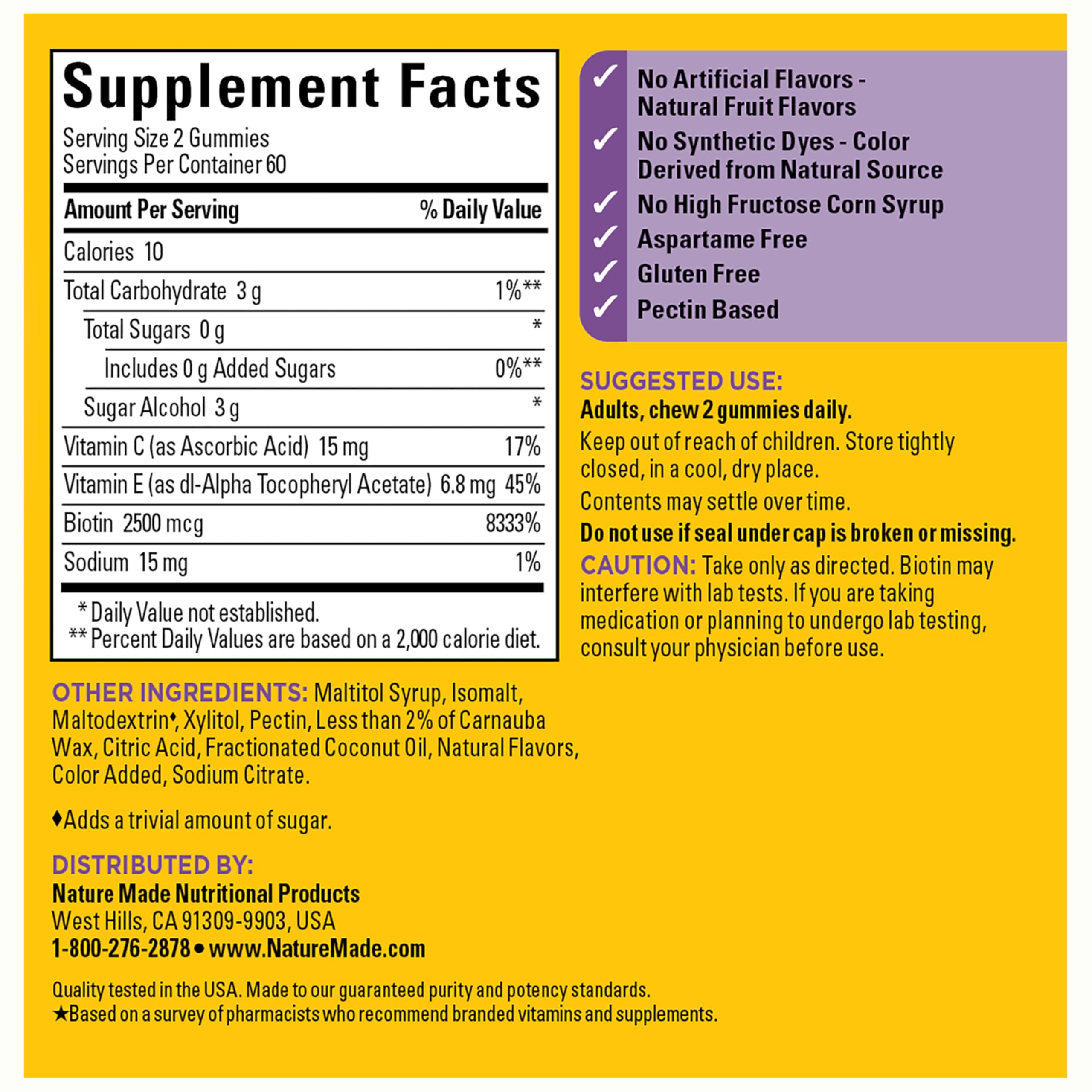 Hair Skin Nails Gummies Biotin 2500mcg Sugar Free 120 Count