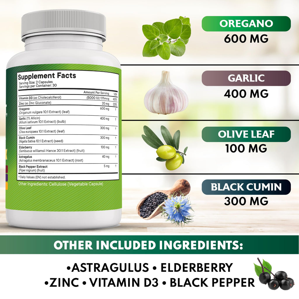 Oregano Oil Capsules with Garlic & Olive Leaf for Immune Support 120 Ct