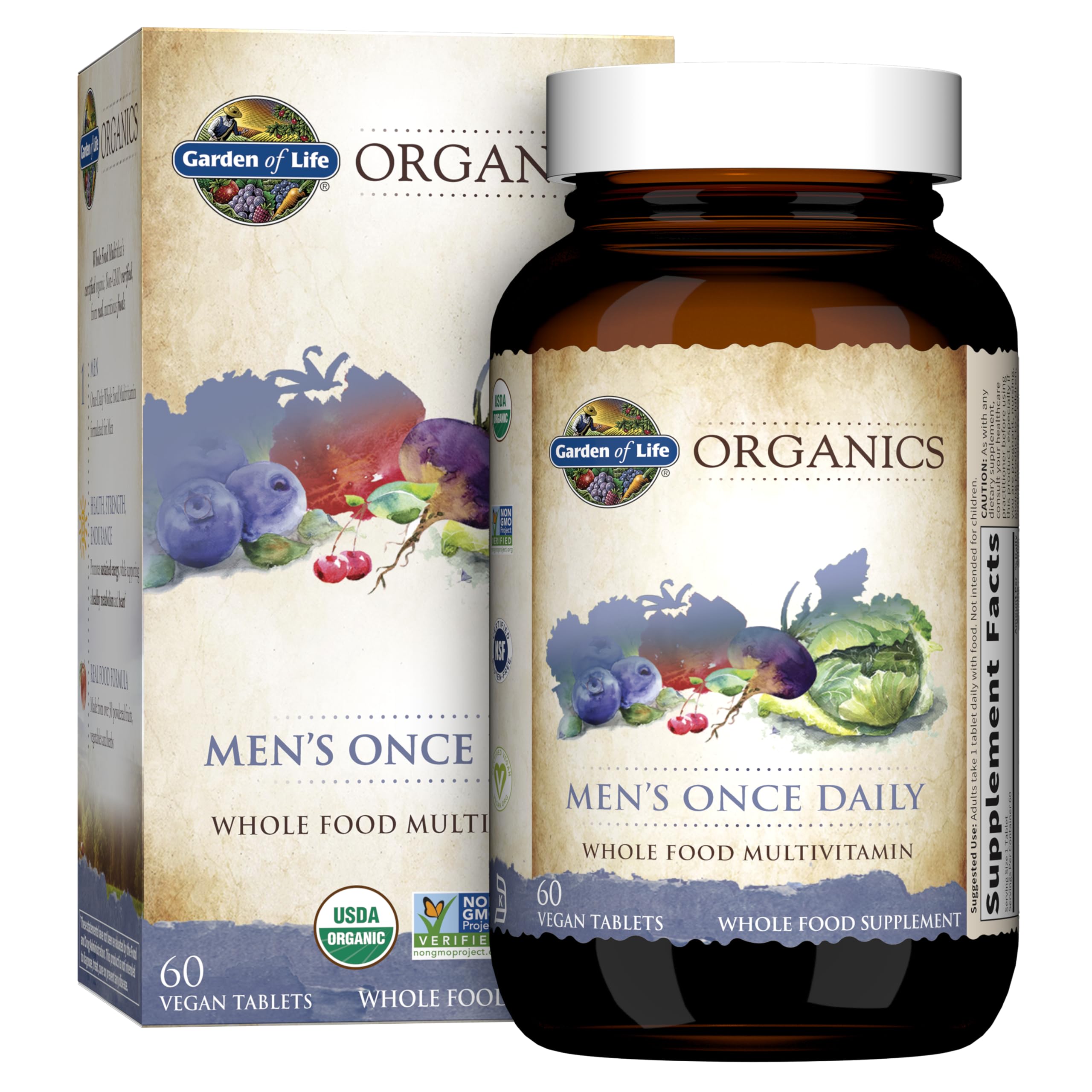 Men's Whole Food Daily Multivitamin – Organic, Vitamin C, Zinc, Vegan, 60 Tablets