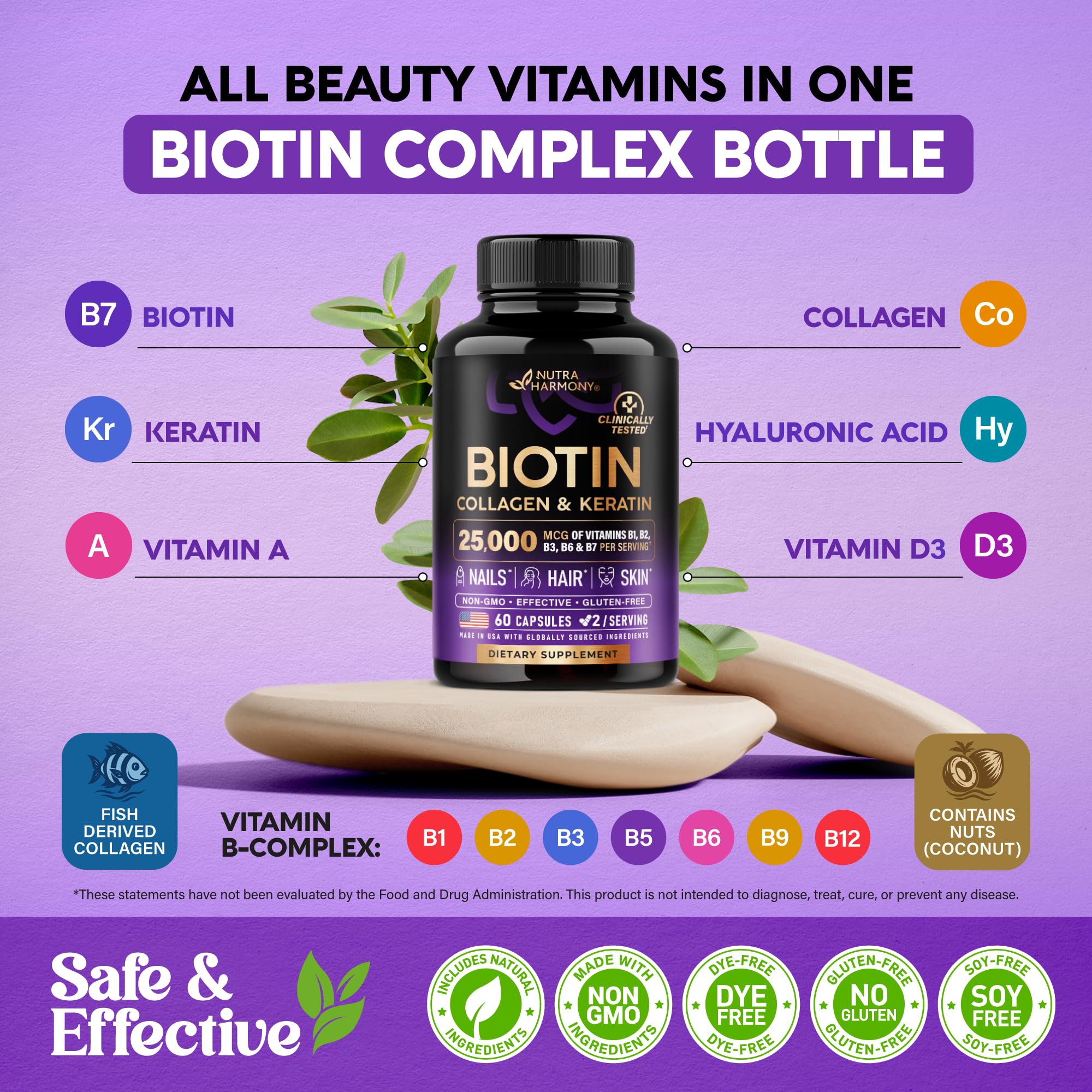 Biotin 25000mcg Hair Growth Collagen Keratin 60 Capsules