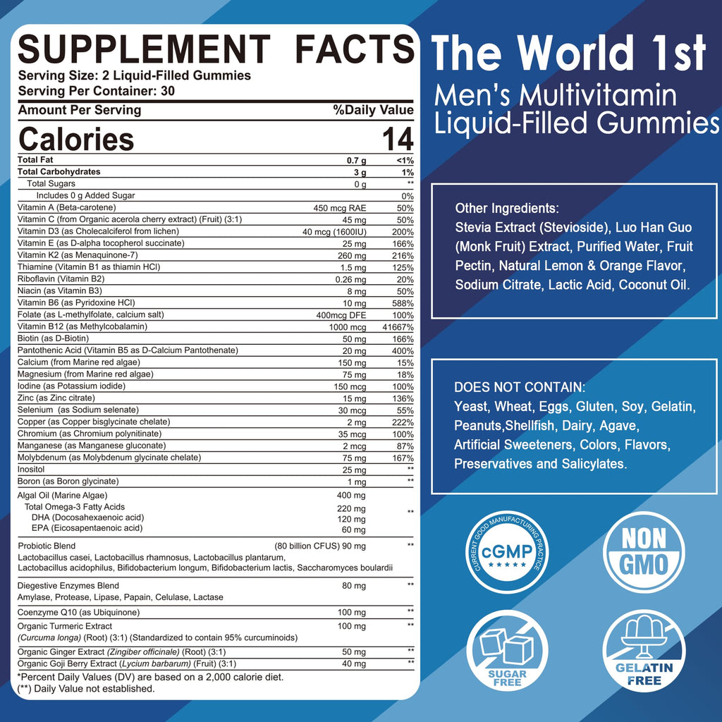 Men's Multivitamin Gummies – B Complex, Omega 3, Probiotic, Sugar Free, 60ct