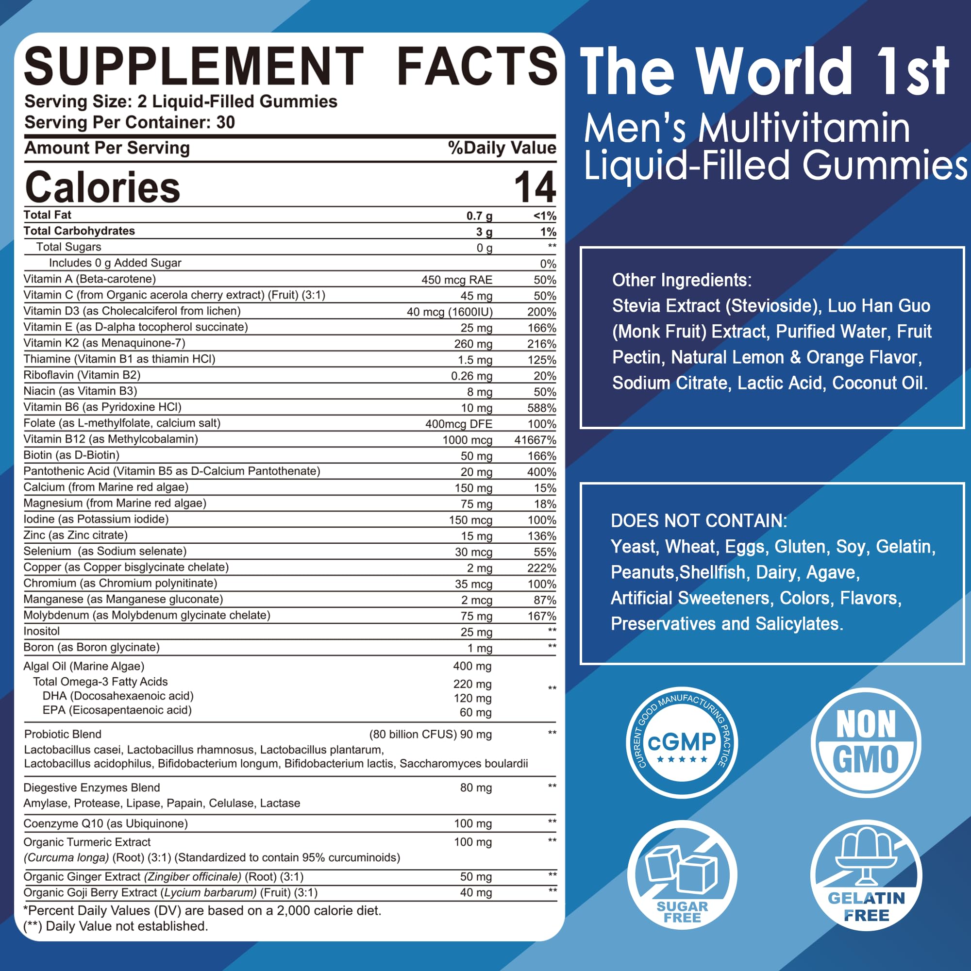 Men's Multivitamin Gummies – B Complex, Omega 3, Probiotic, Sugar Free, 60ct