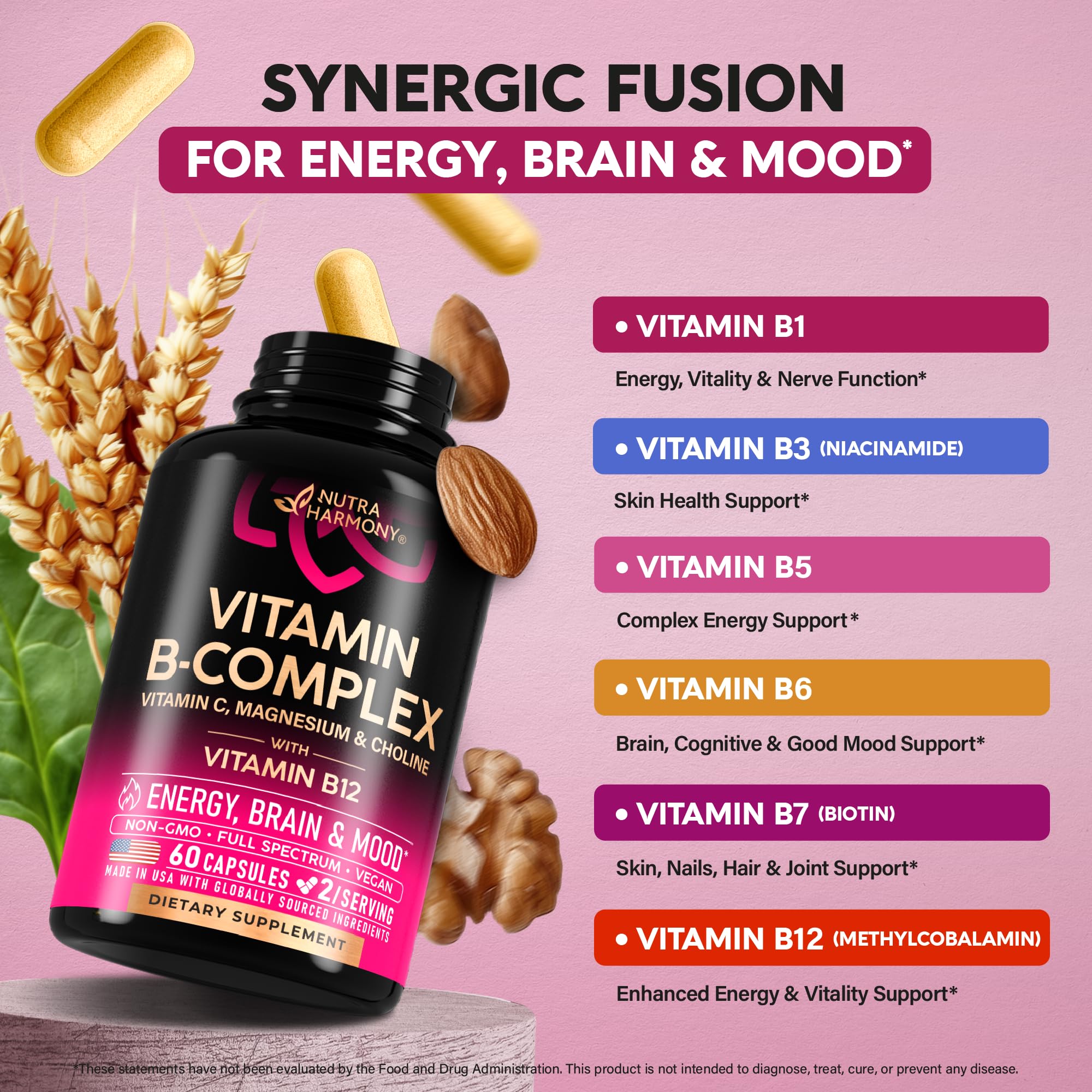 Vitamin B Complex Supplement for Energy & Brain Support – 60 Caps