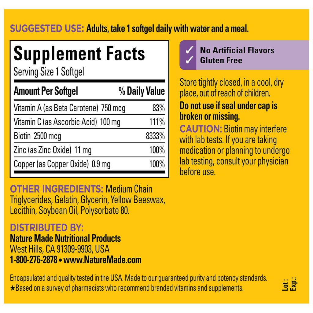 Hair Skin Nails Vitamins Biotin 2500mcg 120 Softgels