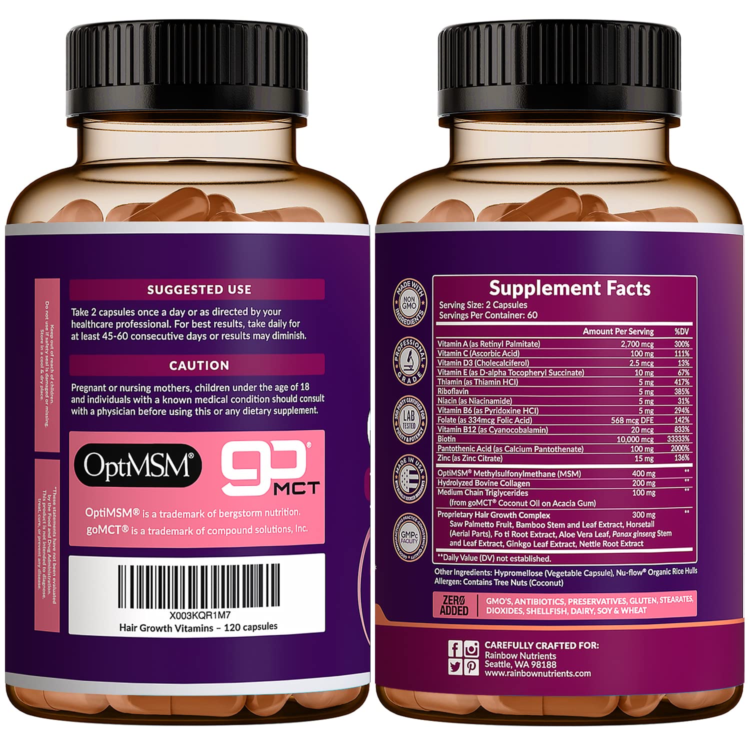 Hair Growth Vitamins Biotin 10000mcg Collagen MSM 60 Day Supply
