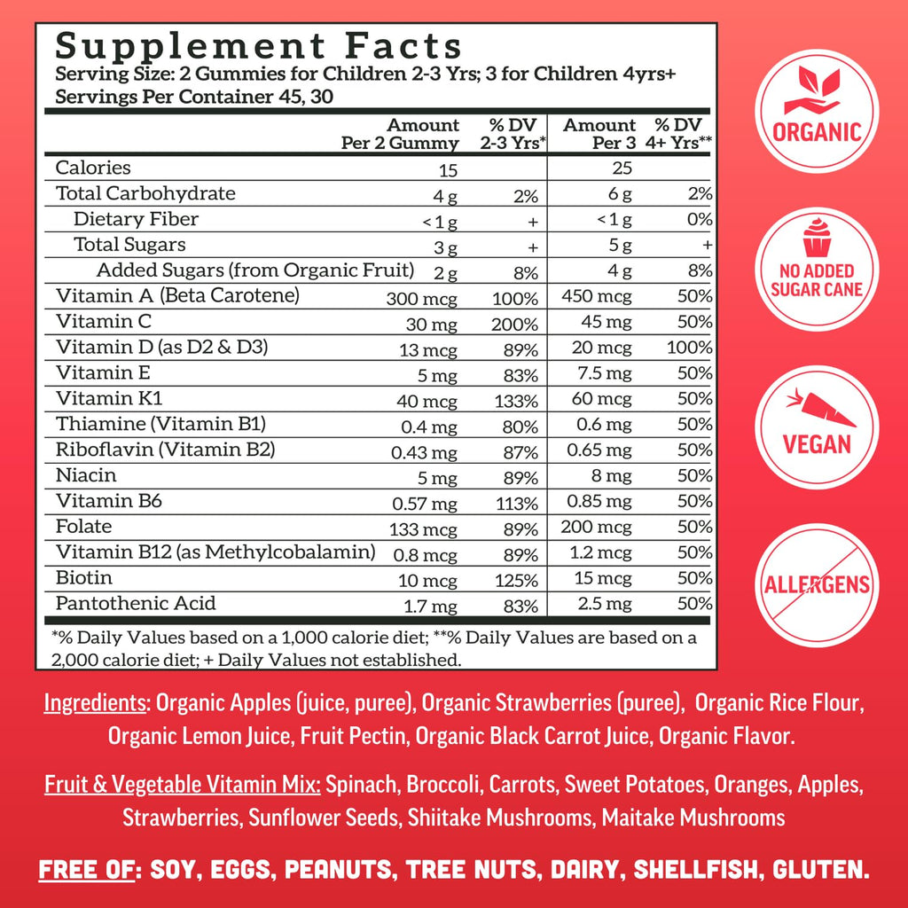 Kids Organic Multivitamin Gummies Vitamin D C 90 Count