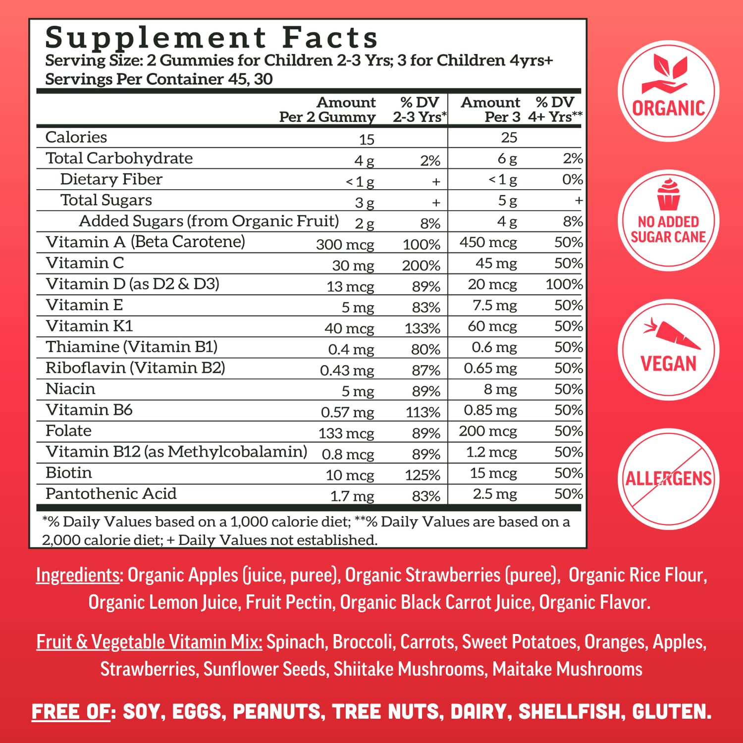 Kids Organic Multivitamin Gummies Vitamin D C 90 Count