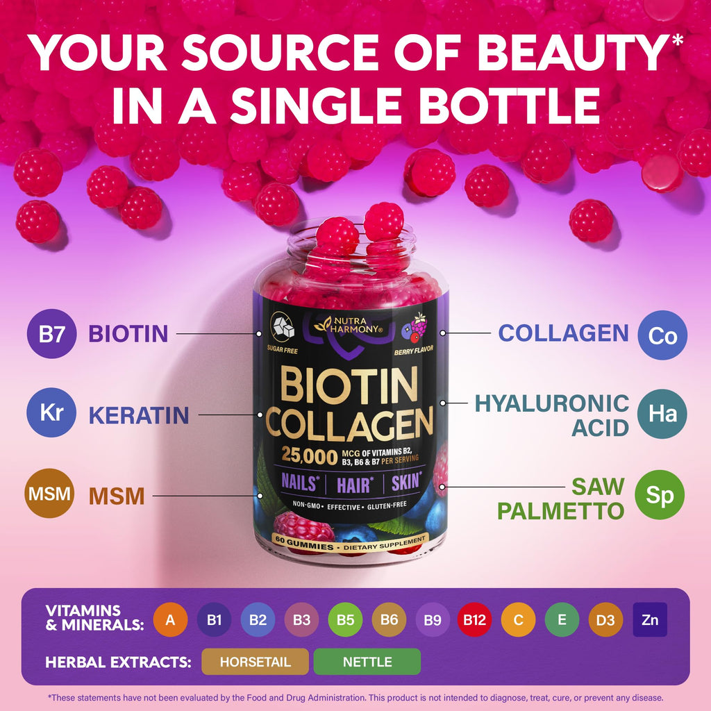 Biotin Gummies 10000mcg Collagen Hair Growth 60 Count