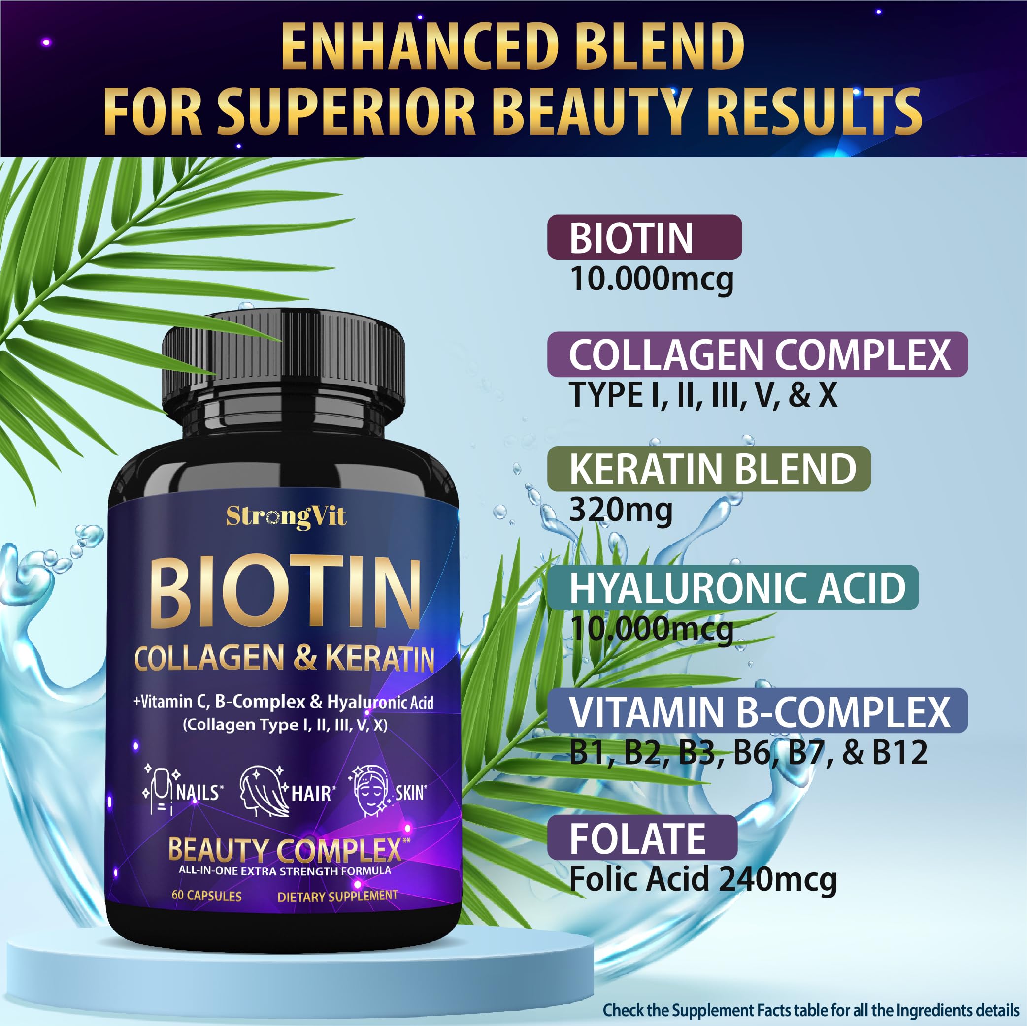 Biotin 10000mcg Hair Skin Nails Collagen 60 Capsules