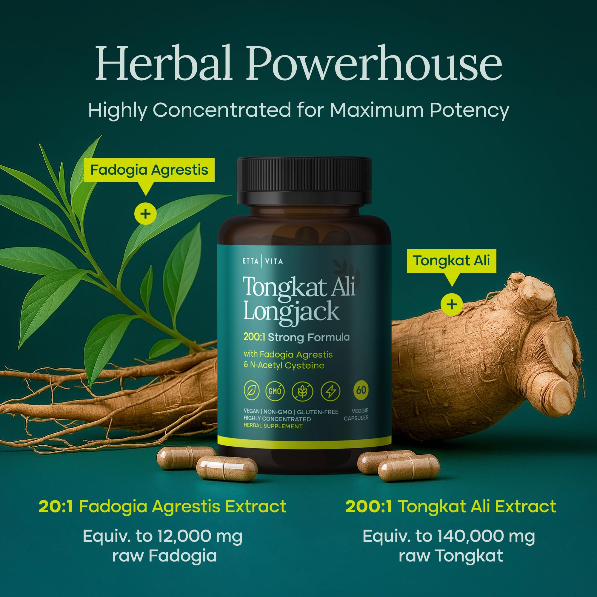 Tongkat Ali & Fadogia Supplement for Testosterone, Energy & Muscle Support Capsules