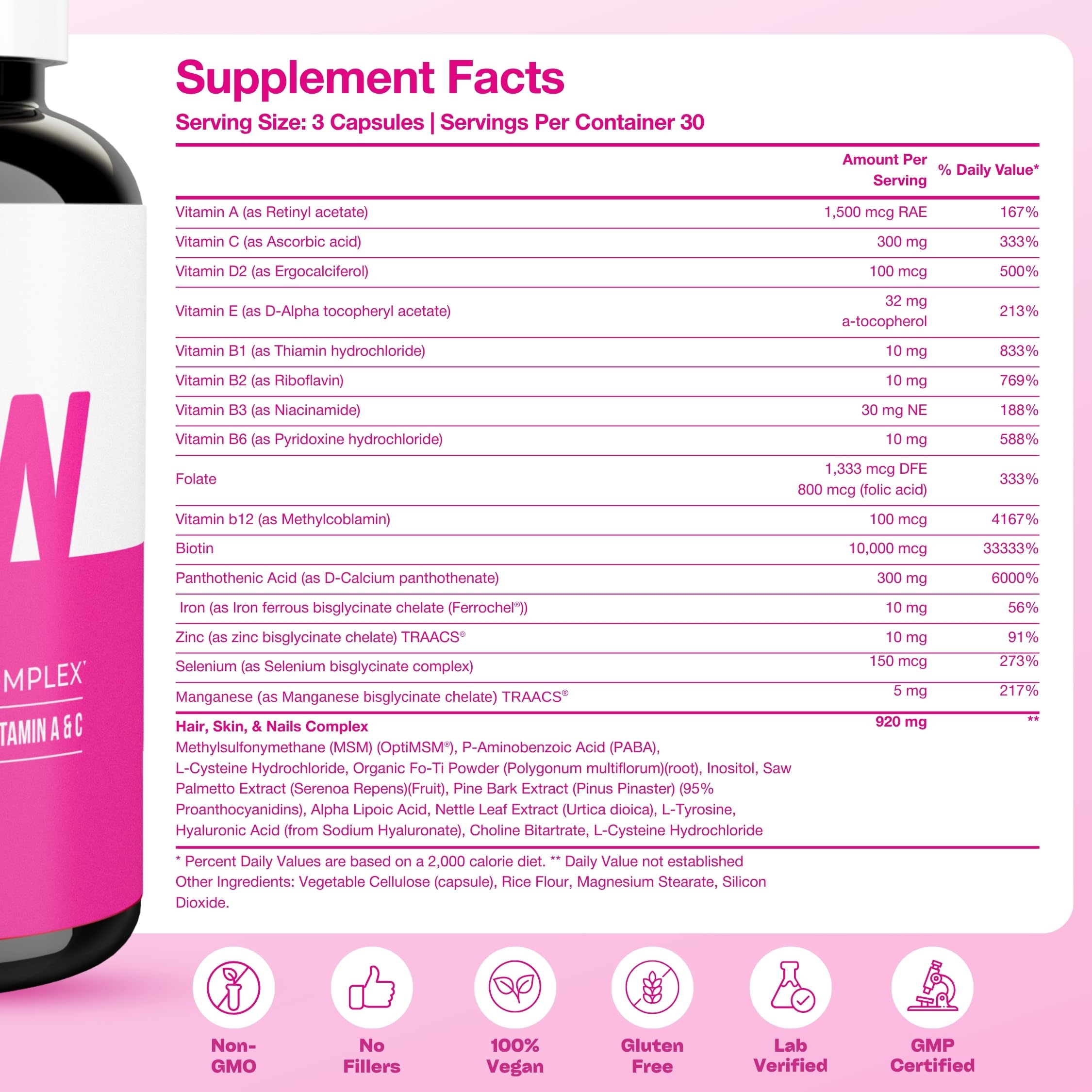 Hair Skin Nails Vitamins Biotin 10000mcg Iron 90 Capsules