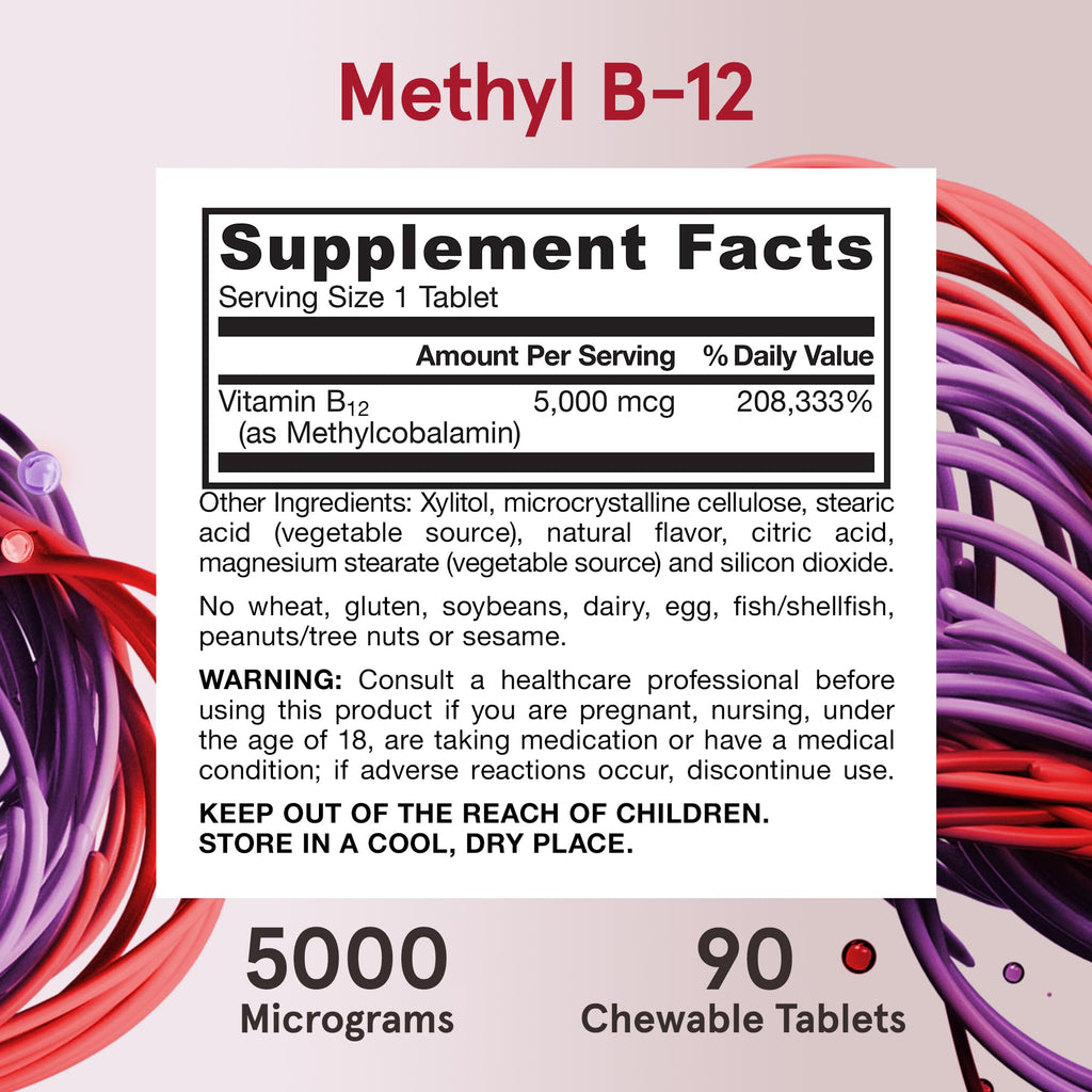 Vitamin B12 5000 mcg Chewable Tablets – Energy & Brain Support, 90 Ct