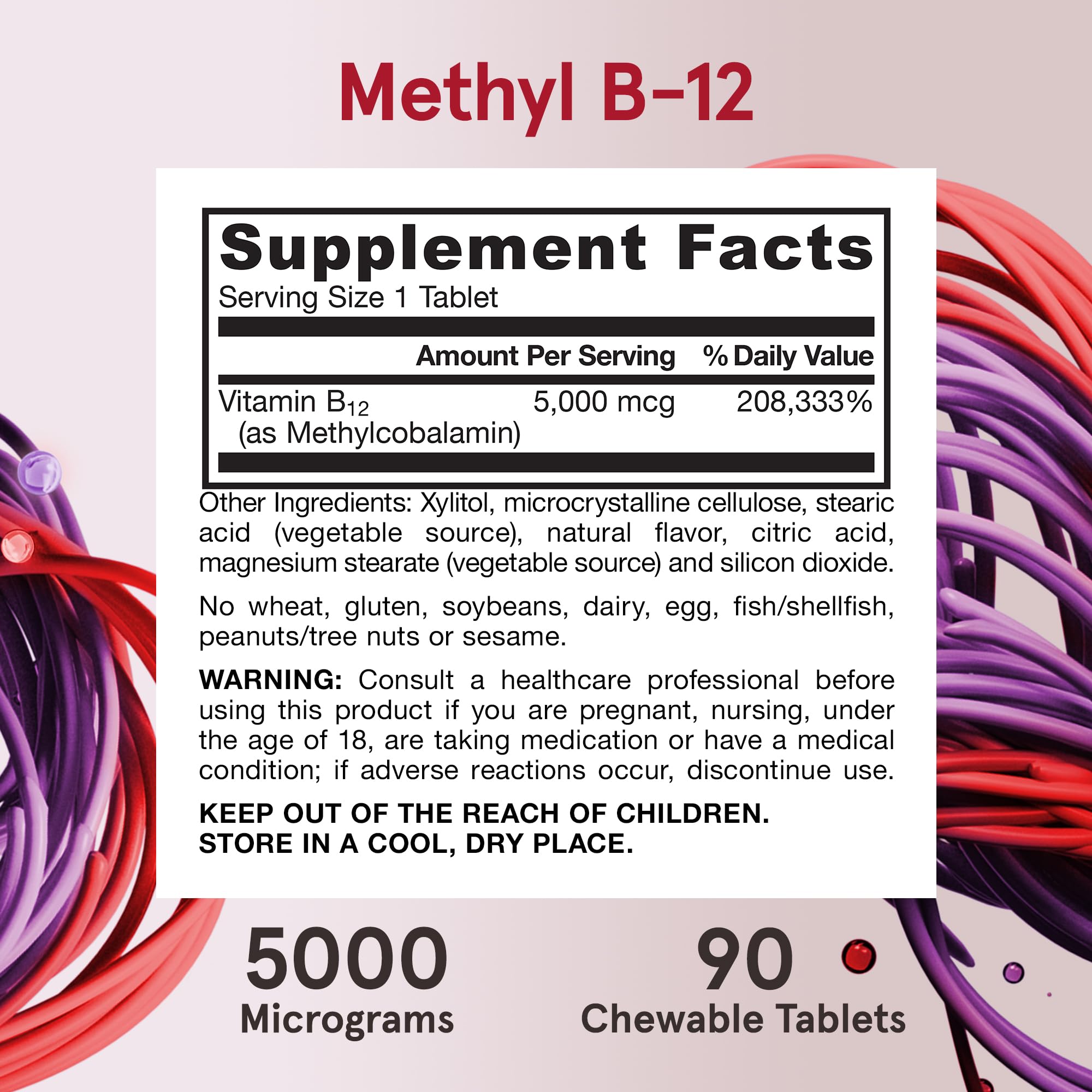 Vitamin B12 5000 mcg Chewable Tablets – Energy & Brain Support, 90 Ct
