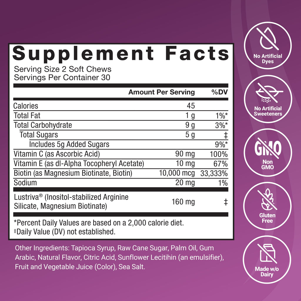 Hair Growth Soft Chews Lustriva Biotin 60 Count