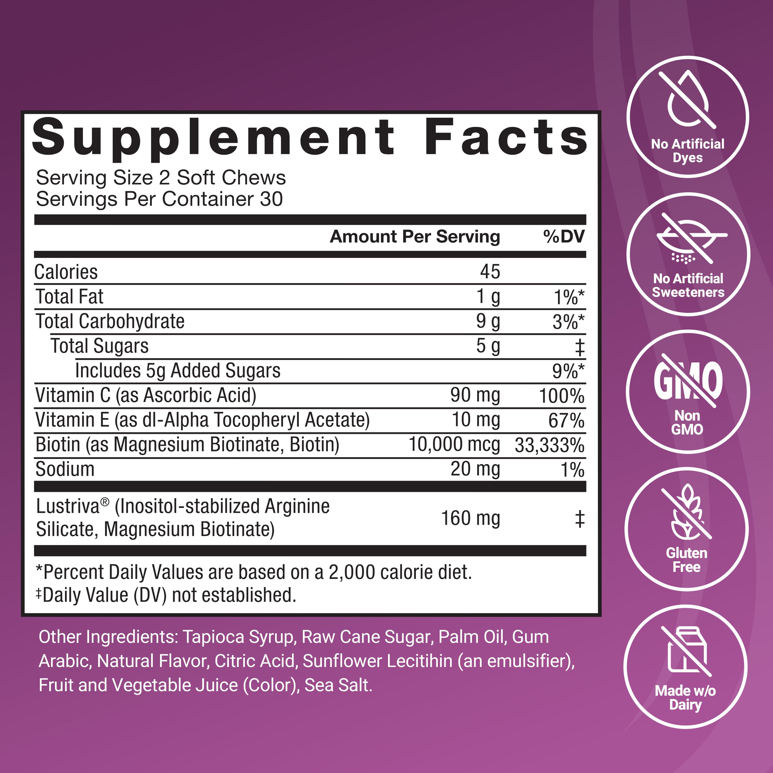 Hair Growth Soft Chews Lustriva Biotin 60 Count