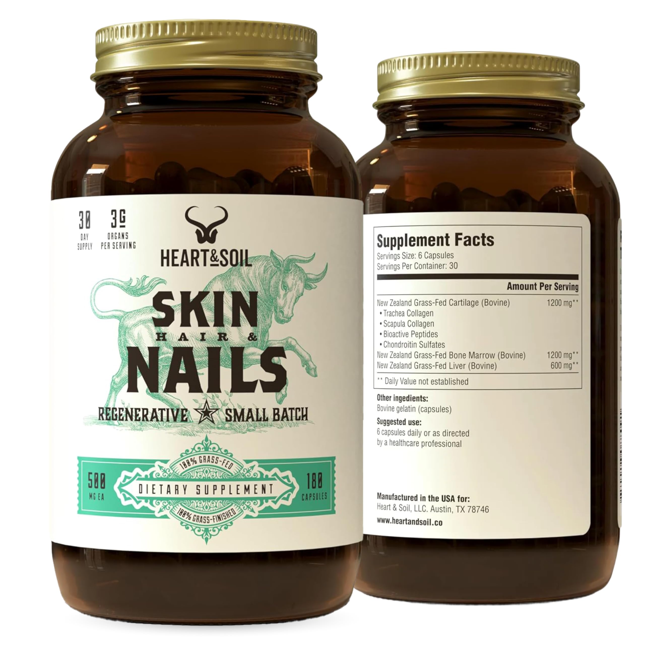 Beef Organ Hair Skin Nails Supplement 3000mg 180 Capsules