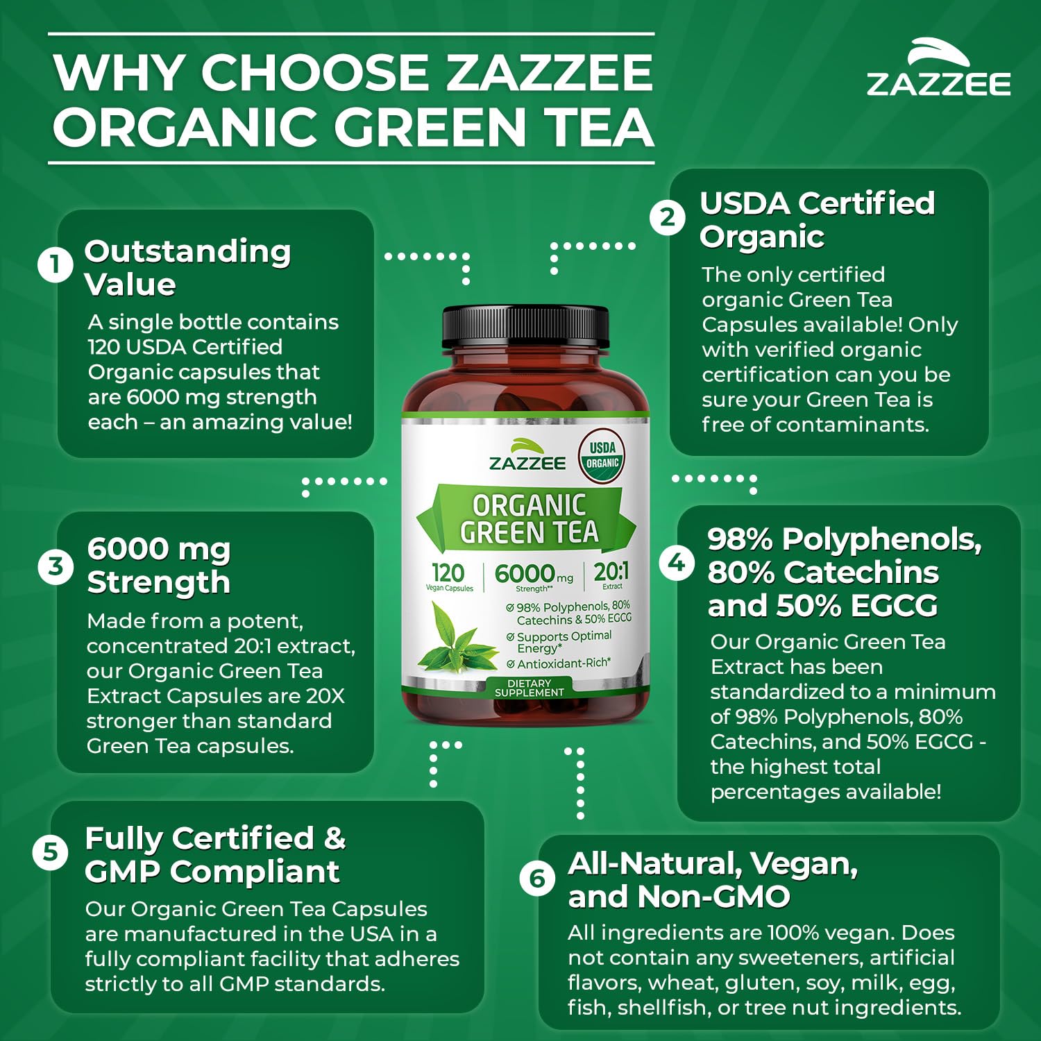 Green Tea Extract 6000mg 20:1 – EGCG Antioxidant, 120 Capsules