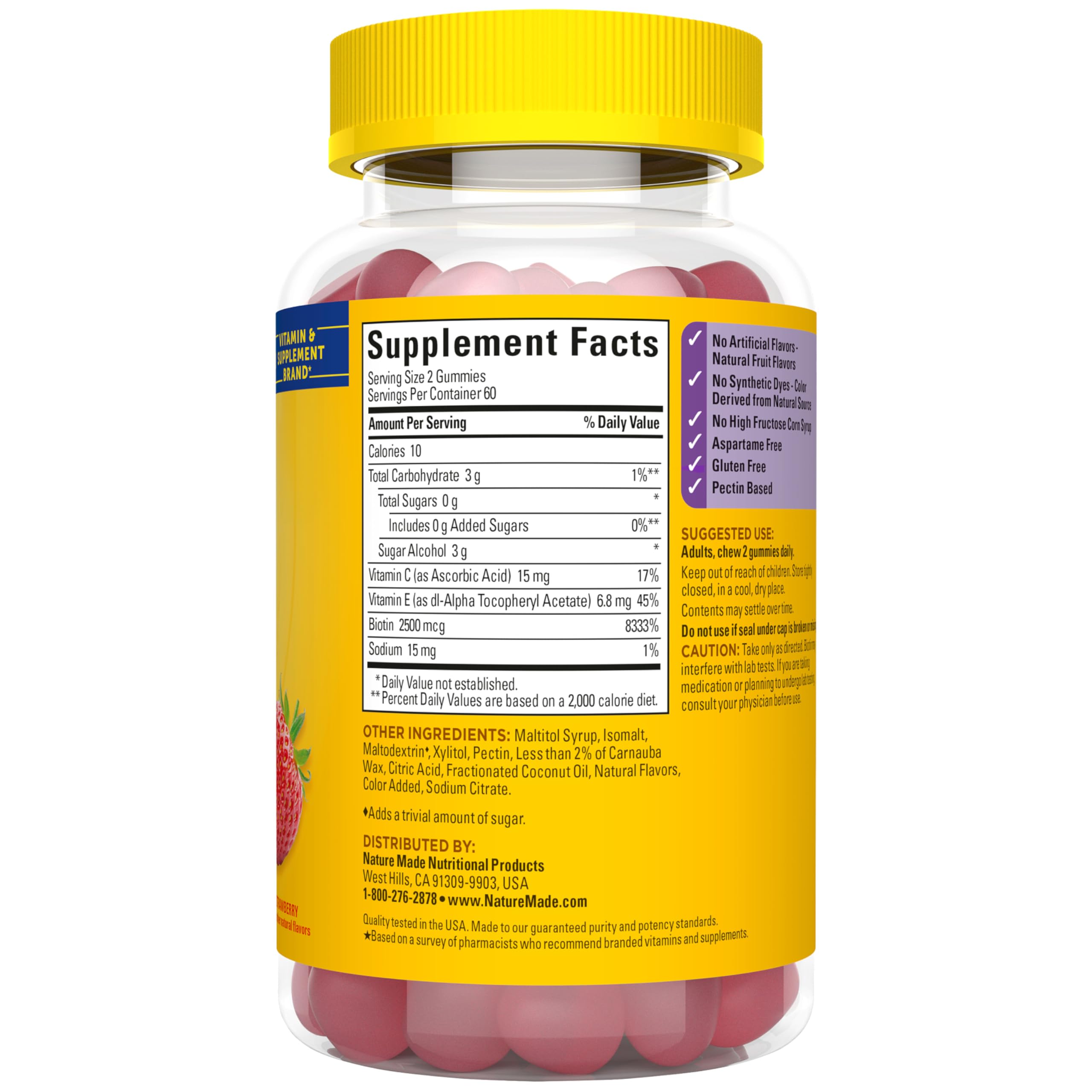 Hair Skin Nails Gummies Biotin 2500mcg Sugar Free 120 Count