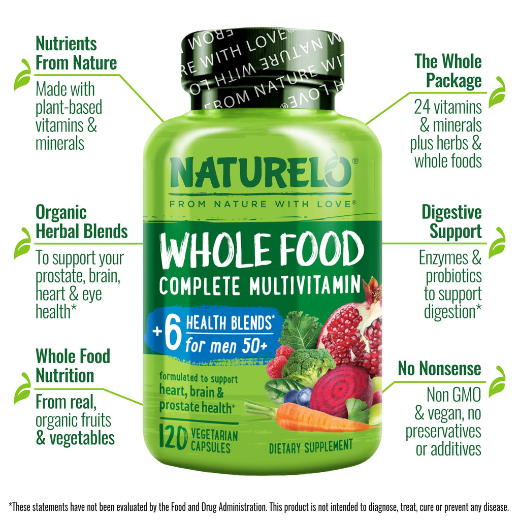 Men's 50+ Whole Food Multivitamin – Organic Herbs, Vegan, Energy & Heart Health, 120 Capsules