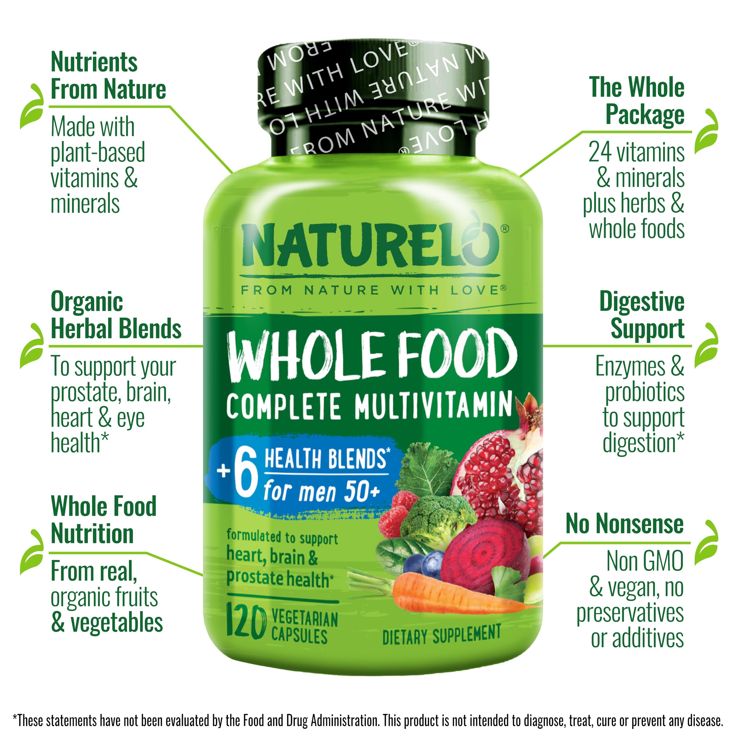 Men's 50+ Whole Food Multivitamin – Organic Herbs, Vegan, Energy & Heart Health, 120 Capsules