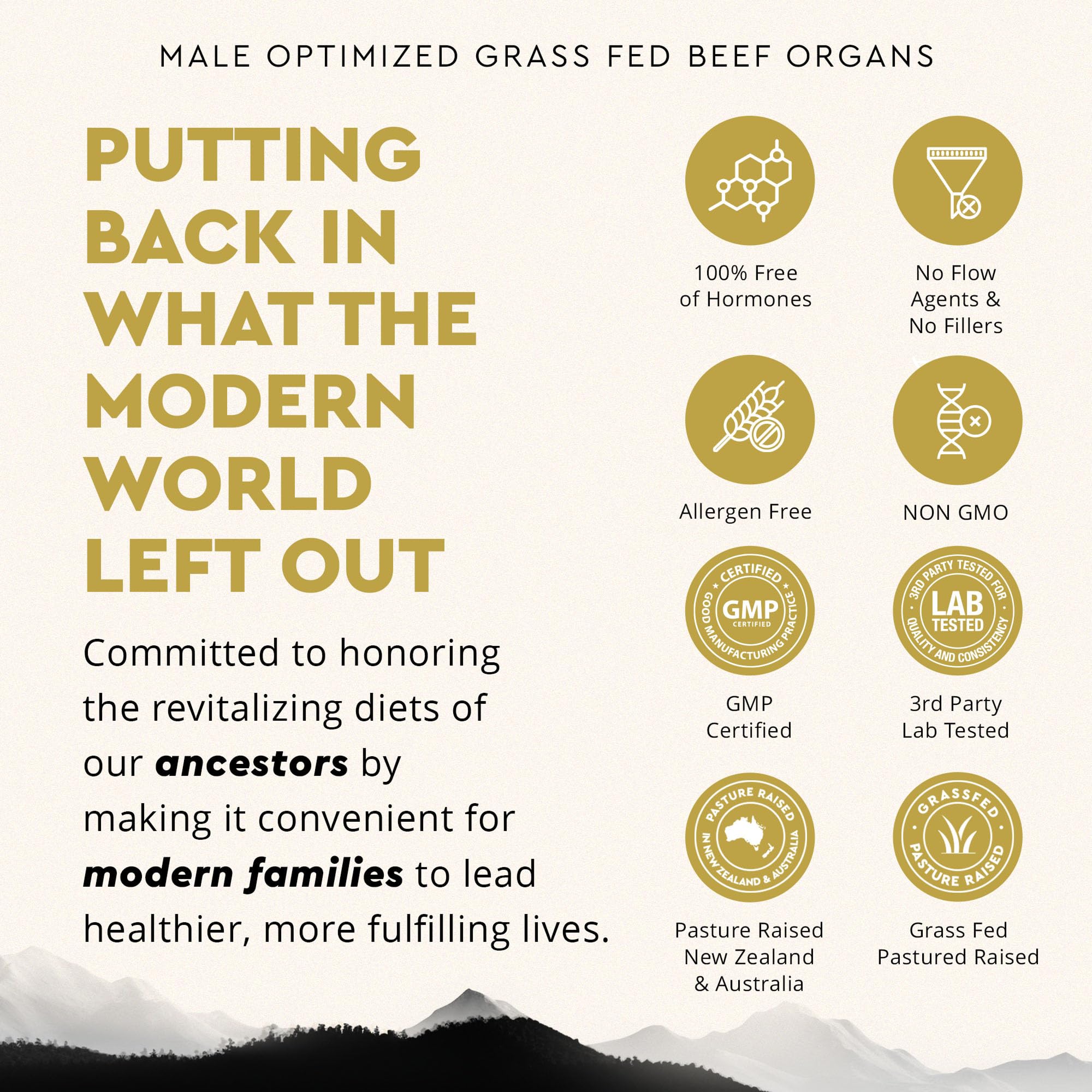 Grass-Fed Beef Organ Testosterone Supplement for Men – Energy & Vitality, 180 Capsules