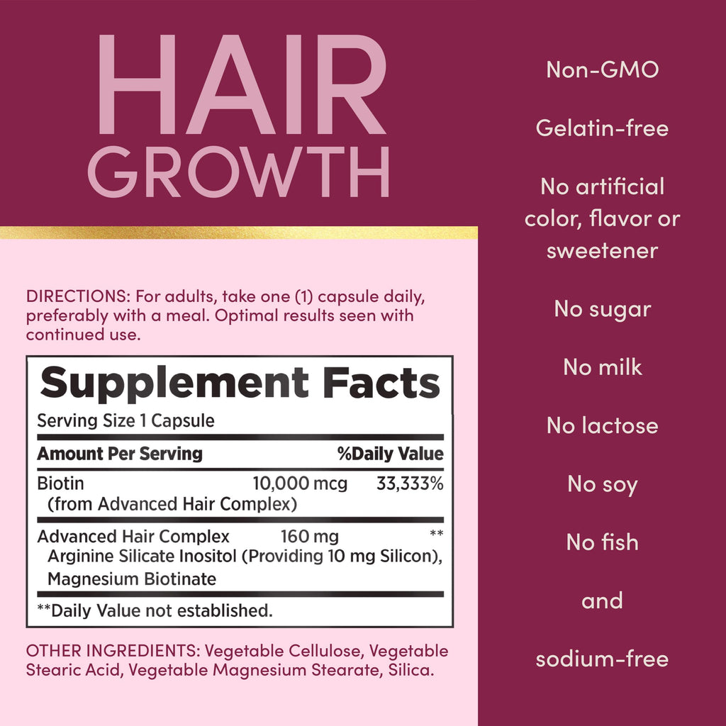 Hair Growth Supplement Biotin Silicon Arginine 30 Capsules