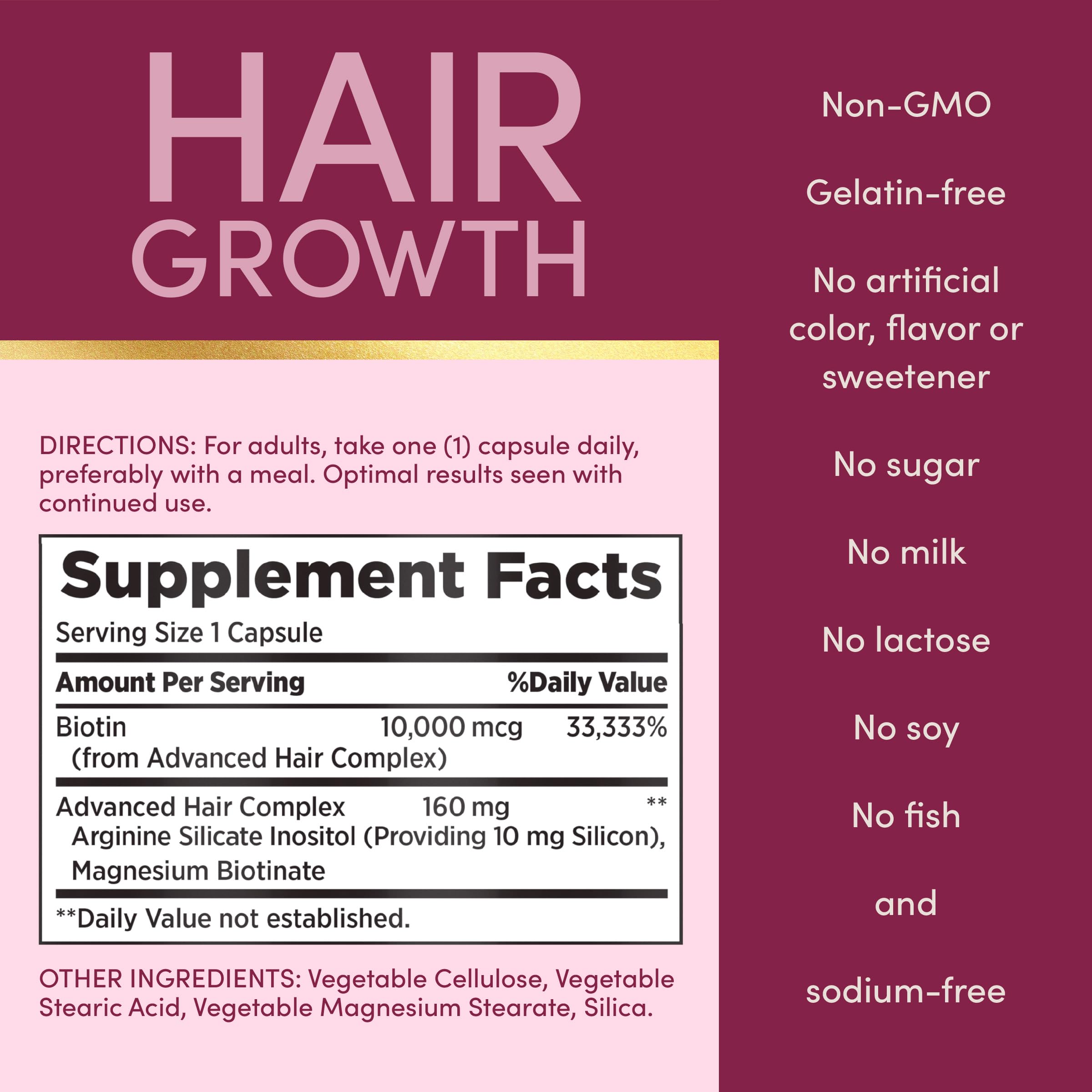 Hair Growth Supplement Biotin Silicon Arginine 30 Capsules