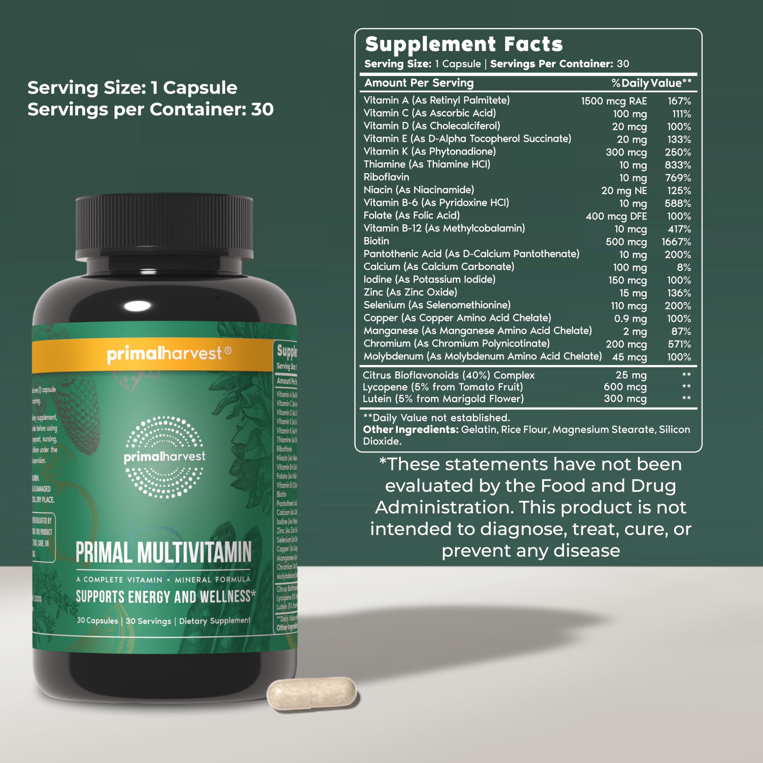 Daily Multivitamin – 21 Essential Vitamins & Minerals, A, C, D, E, B12, Biotin, Zinc