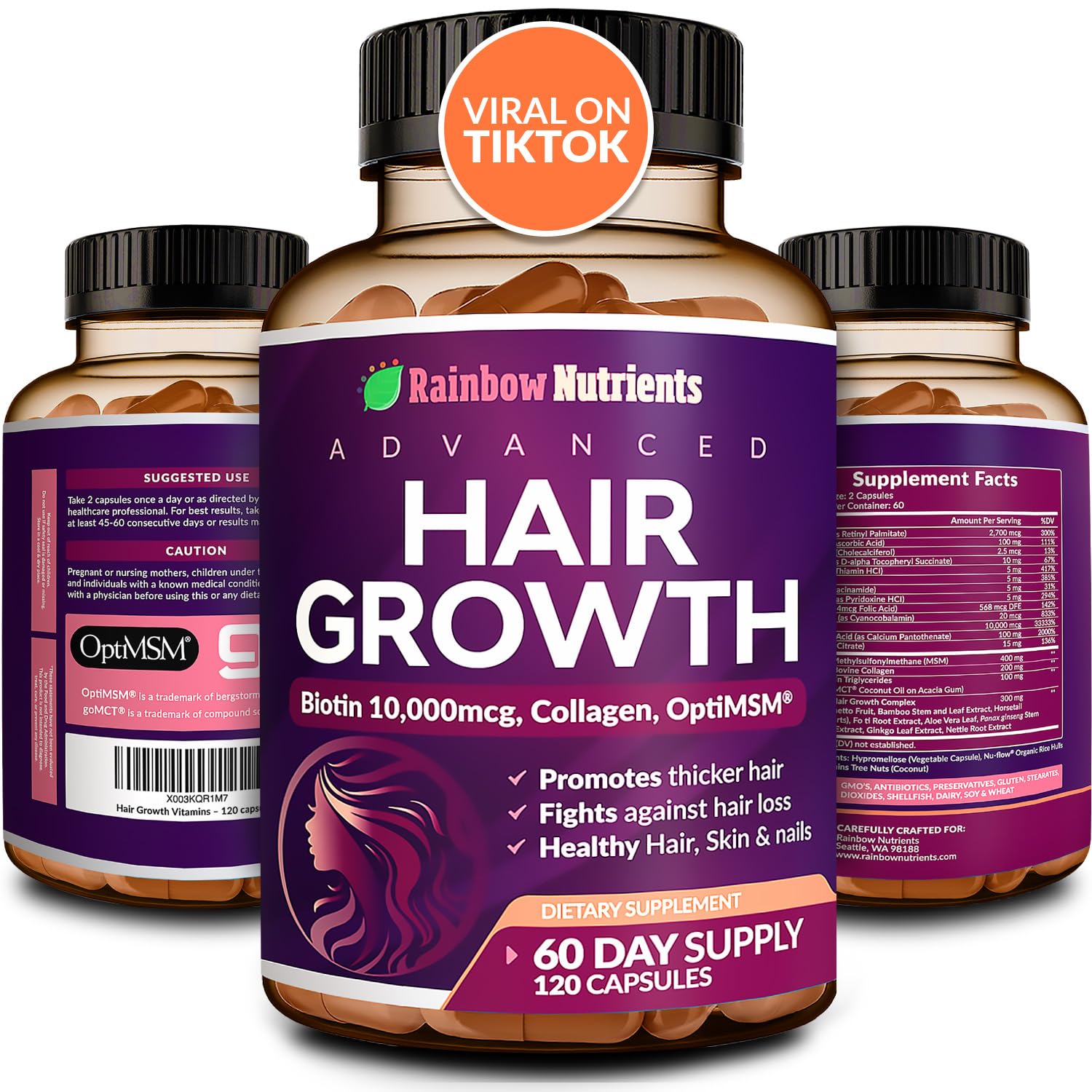 Hair Growth Vitamins Biotin 10000mcg Collagen MSM 60 Day Supply