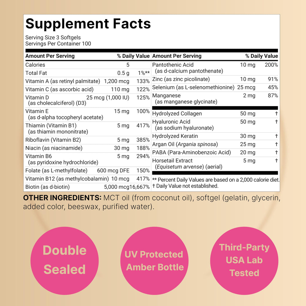 Hair Skin Nails Vitamins Biotin Collagen Keratin 300 Softgels