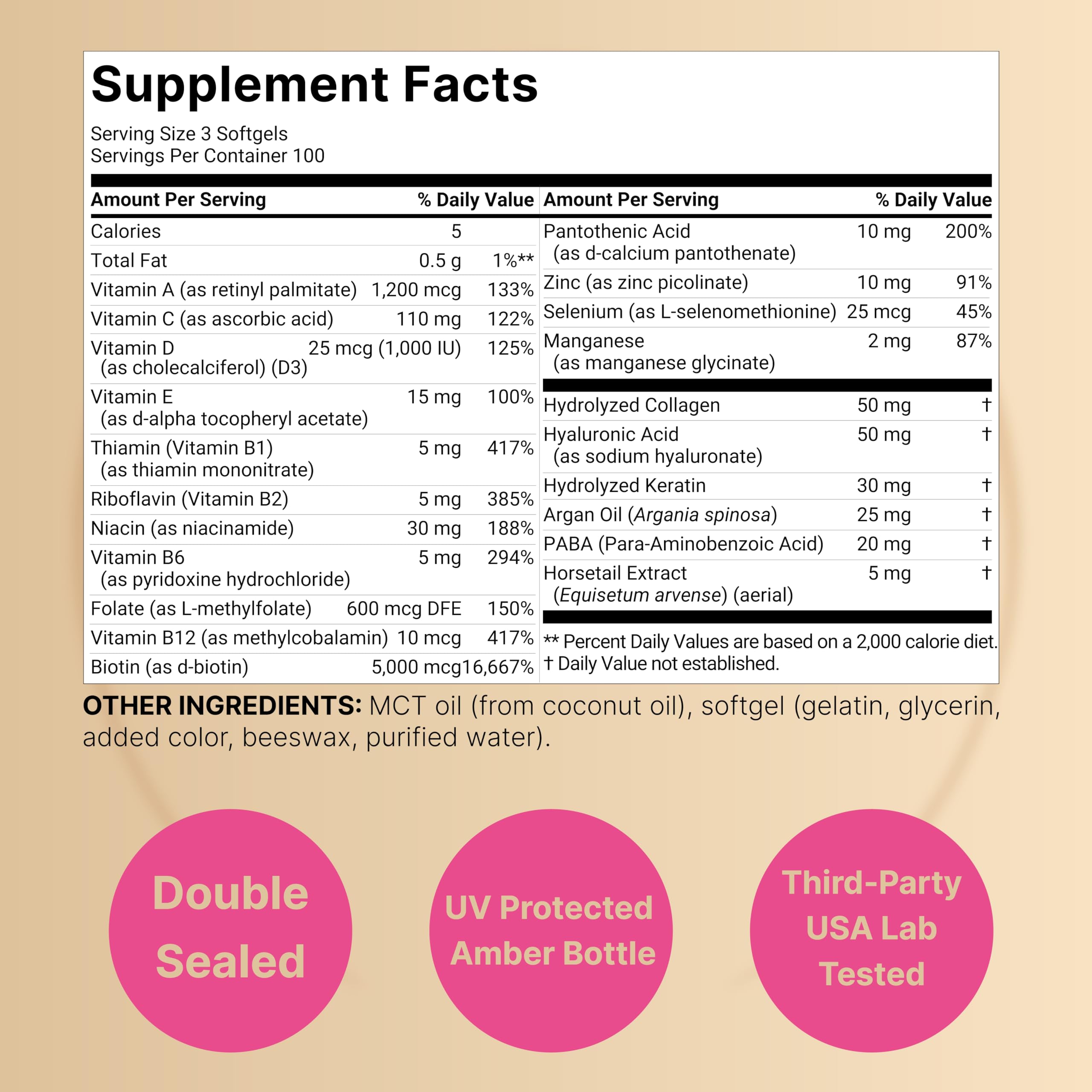 Hair Skin Nails Vitamins Biotin Collagen Keratin 300 Softgels