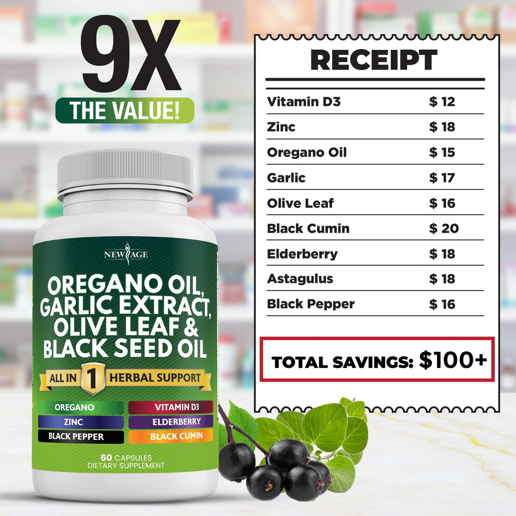 Oregano Oil Capsules with Garlic & Olive Leaf for Immune Support 120 Ct