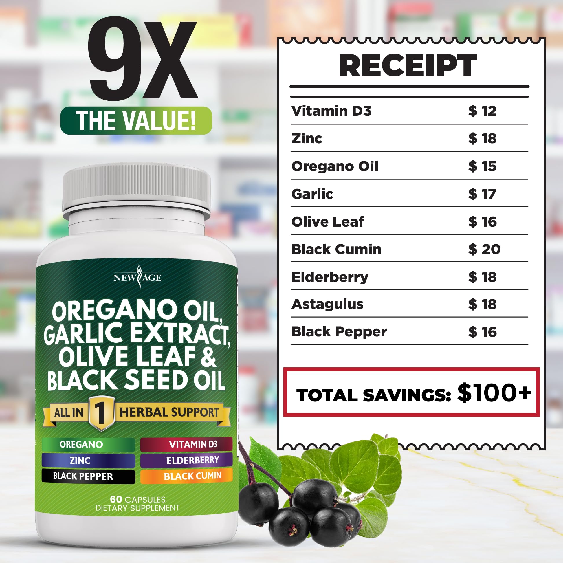 Oregano Oil Capsules with Garlic & Olive Leaf for Immune Support 120 Ct