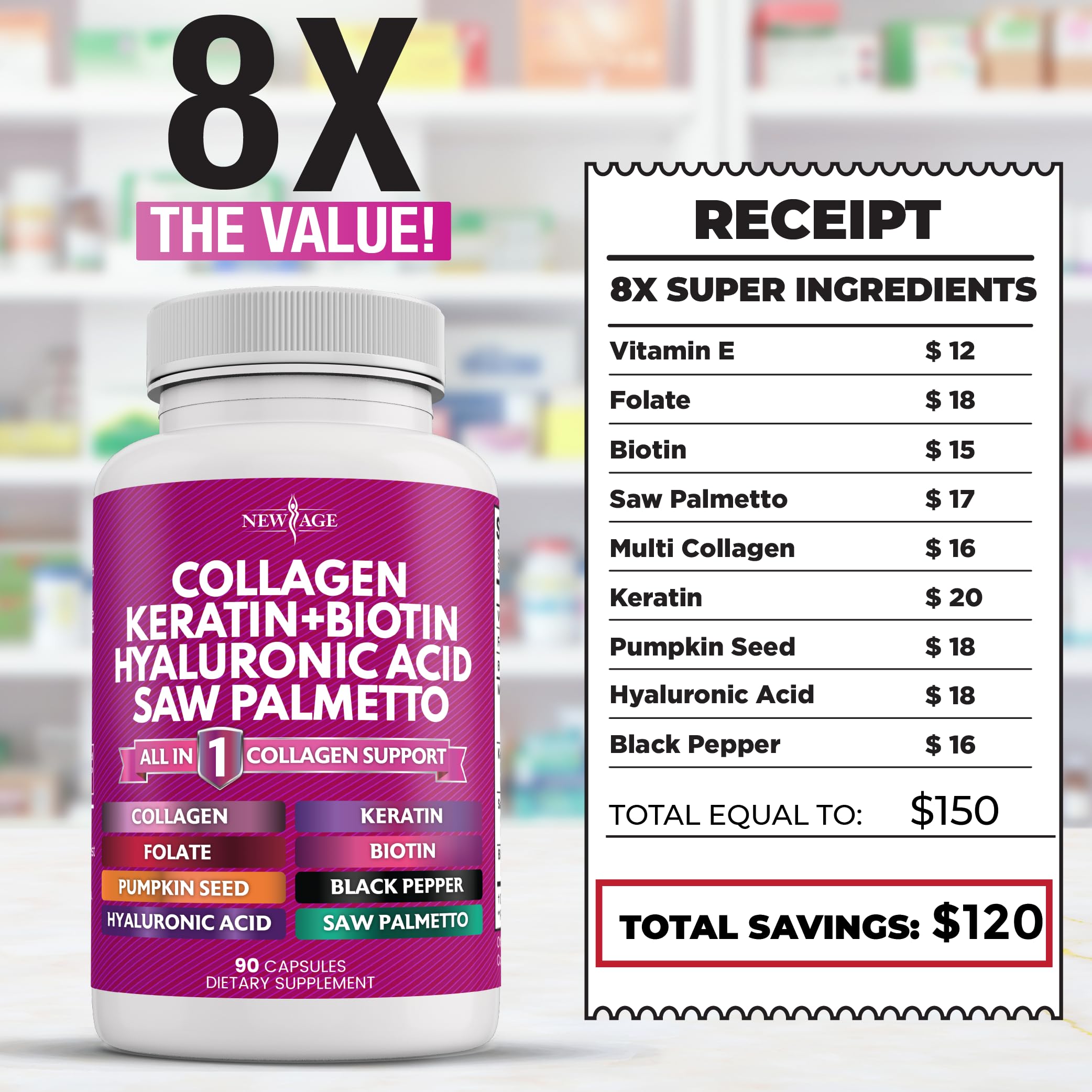 Hair Skin Nails Vitamins Collagen Biotin Keratin 90 Count