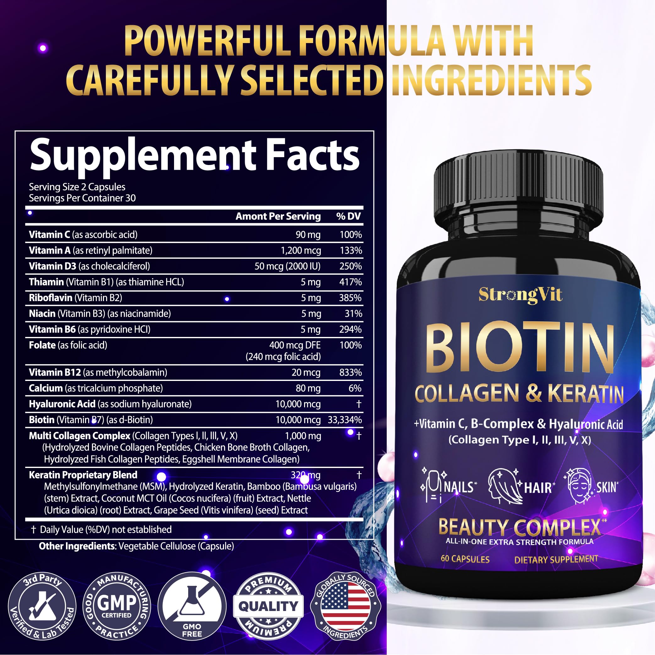 Biotin 10000mcg Hair Skin Nails Collagen 60 Capsules