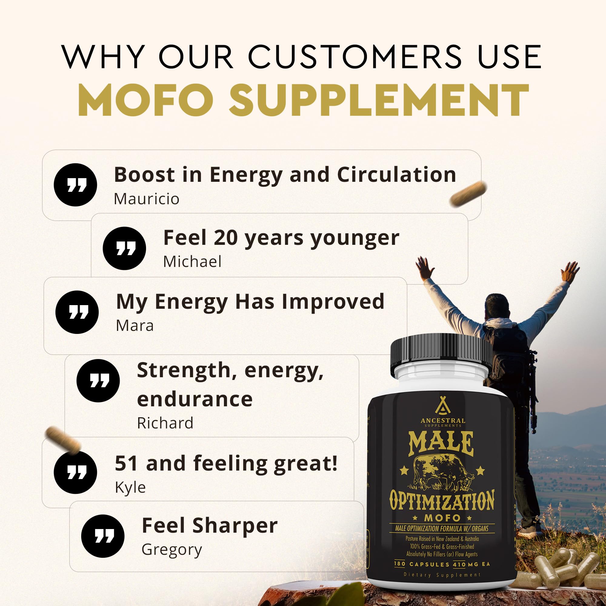 Grass-Fed Beef Organ Testosterone Supplement for Men – Energy & Vitality, 180 Capsules