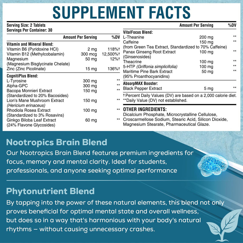 Brain Supplement for Memory, Focus & Cognitive Energy Support Tablets