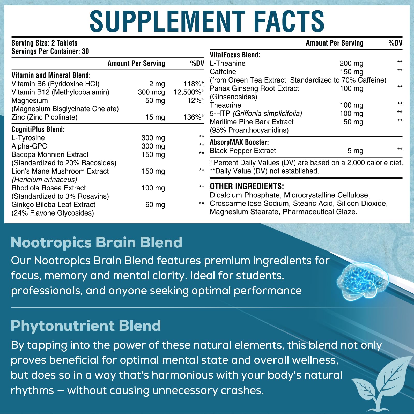 Brain Supplement for Memory, Focus & Cognitive Energy Support Tablets