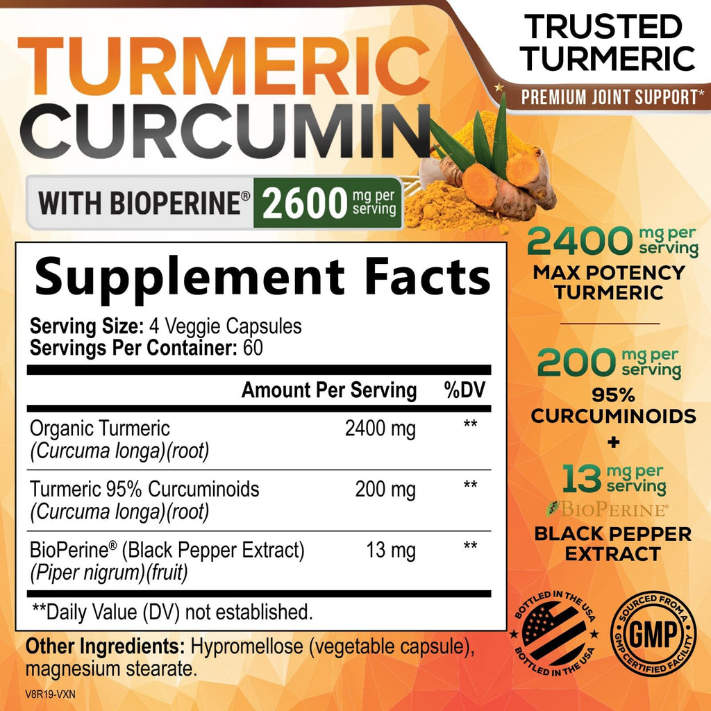 Turmeric Curcumin 2400mg Capsules with BioPerine for Joint Support 240 Ct