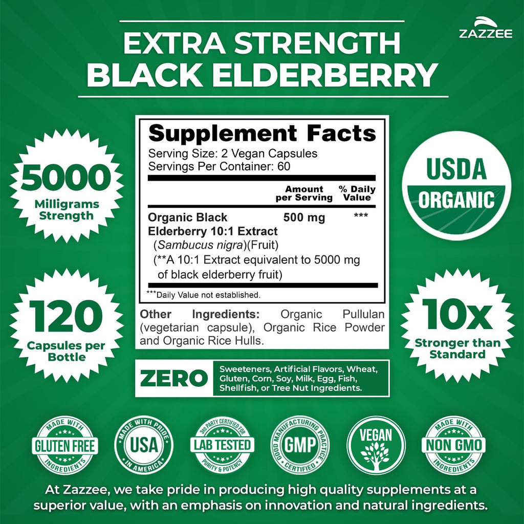 Black Elderberry 10:1 Extract Capsules for Immune Support 5000mg 120 Ct