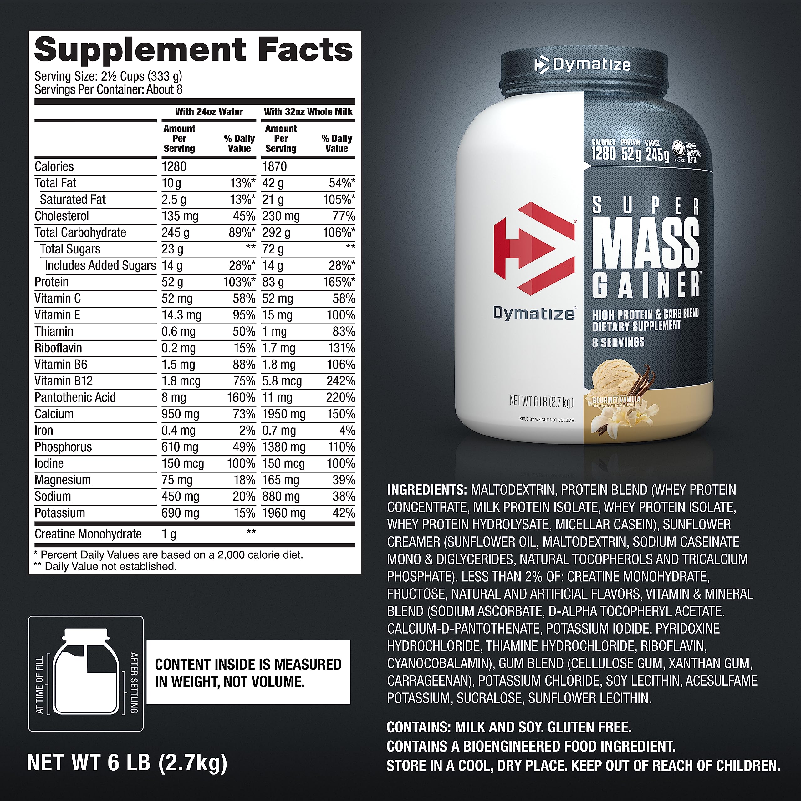 Mass Gainer Protein Powder 52g Protein 1280 Calories Vanilla