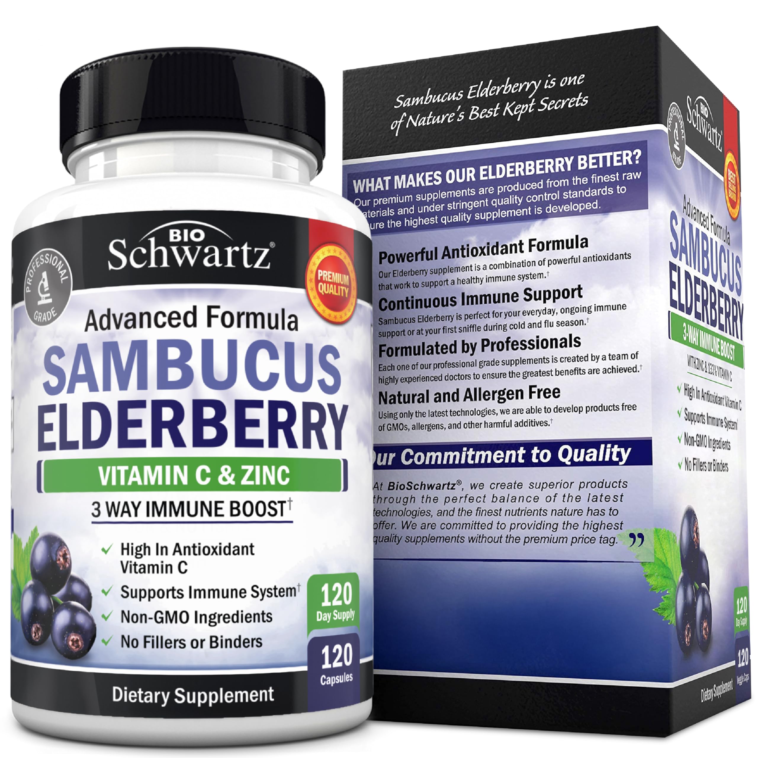 Elderberry Capsules with Vitamin C & Zinc for Immune Support 120 Ct