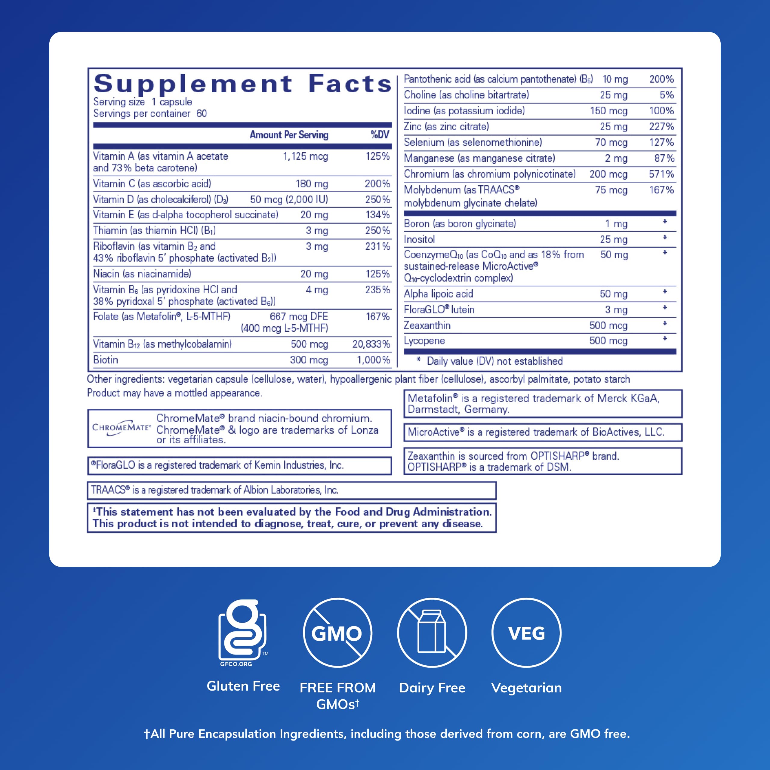 Once Daily Multivitamin – CoQ10, Lutein, Metafolin, Vision & Cognitive Support, 60 Capsules