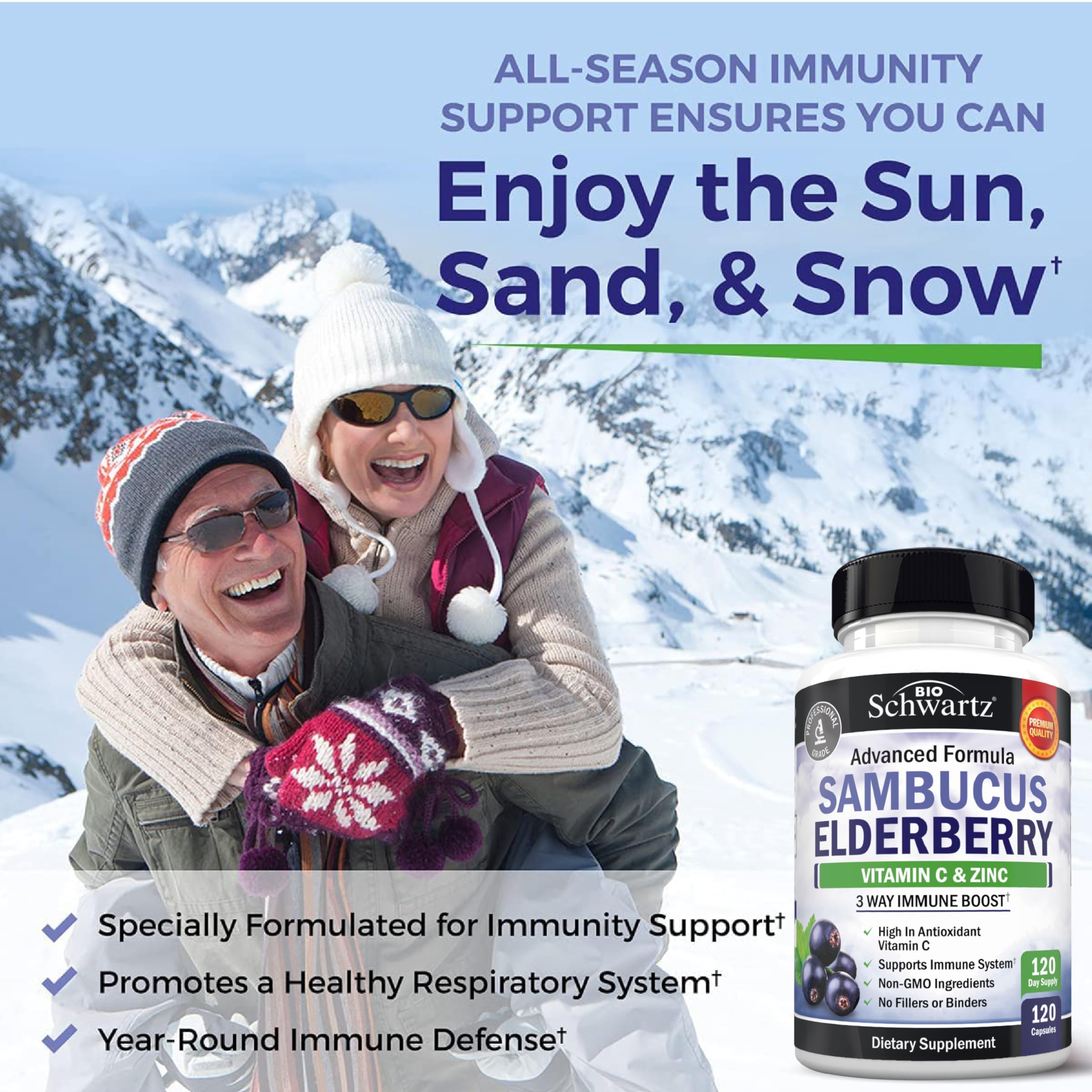 Elderberry Capsules with Vitamin C & Zinc for Immune Support 120 Ct