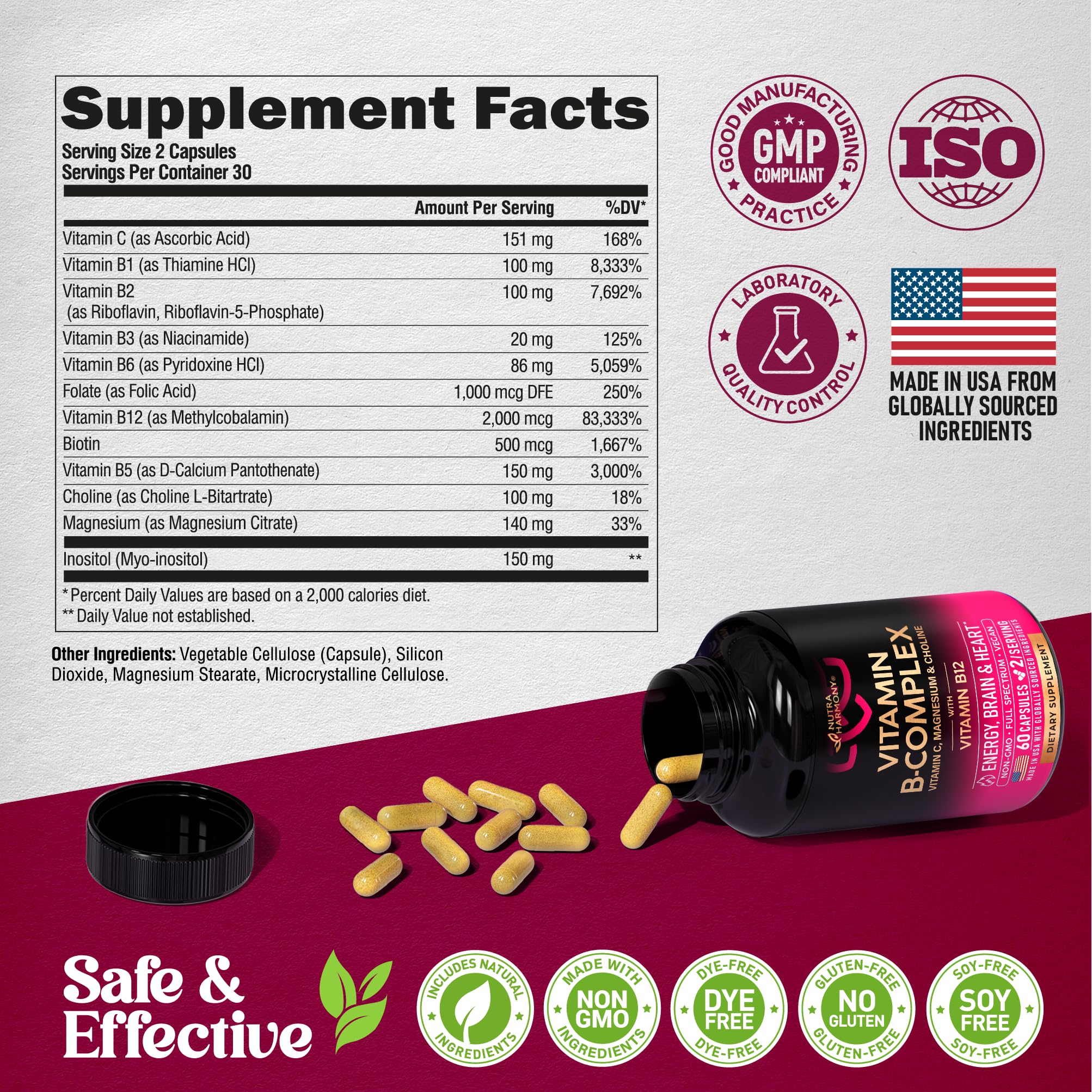 Vitamin B Complex Supplement for Energy & Brain Support – 60 Caps