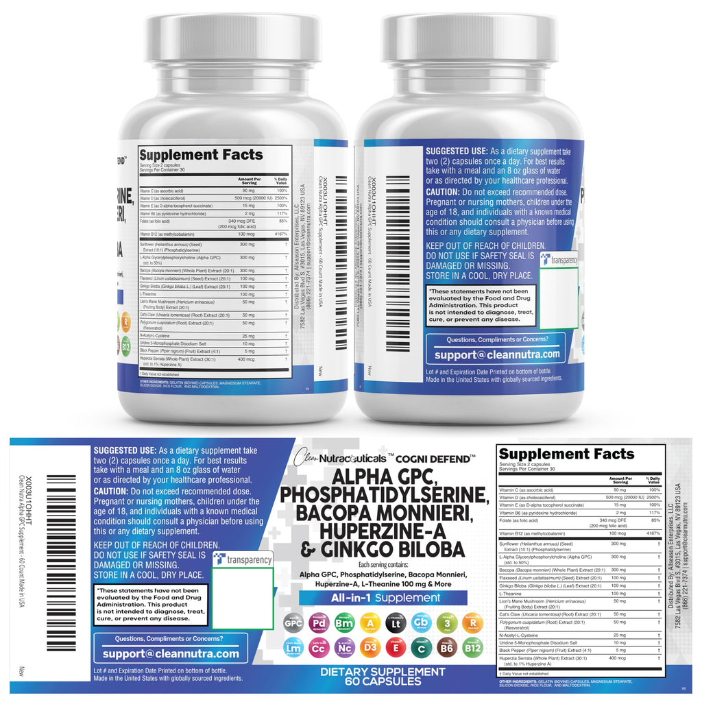 Nootropic Brain Supplement with Alpha GPC, Bacopa & Ginkgo for Focus & Memory