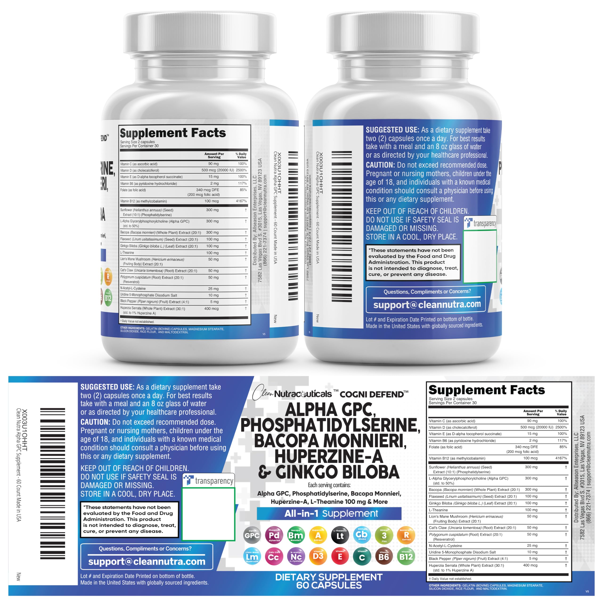 Nootropic Brain Supplement with Alpha GPC, Bacopa & Ginkgo for Focus & Memory
